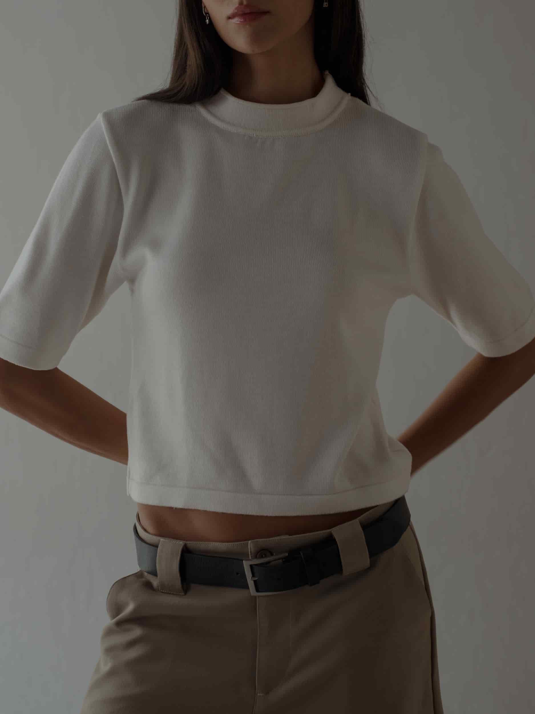 TALL COLLAR KNIT T-SHIRT - VANILLA - miniatura 3