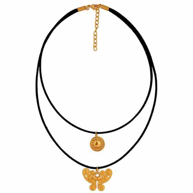 Collar Cuero doble con Dijes Pectoral de Círculos Muisca y Nariguera Mariposa Tairona - miniatura 1
