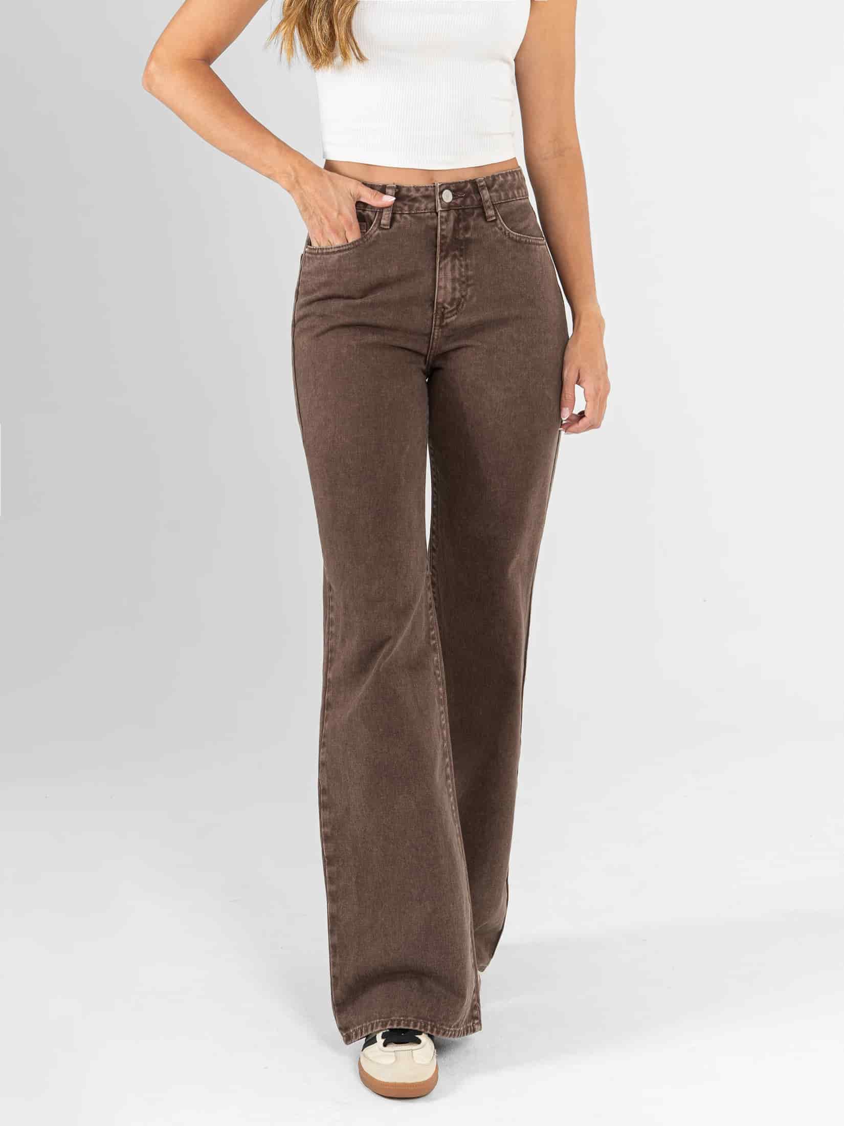 Ref: 0620543 Pantalón mom flare, rígido, tiro alto, tono cafe - miniatura 1