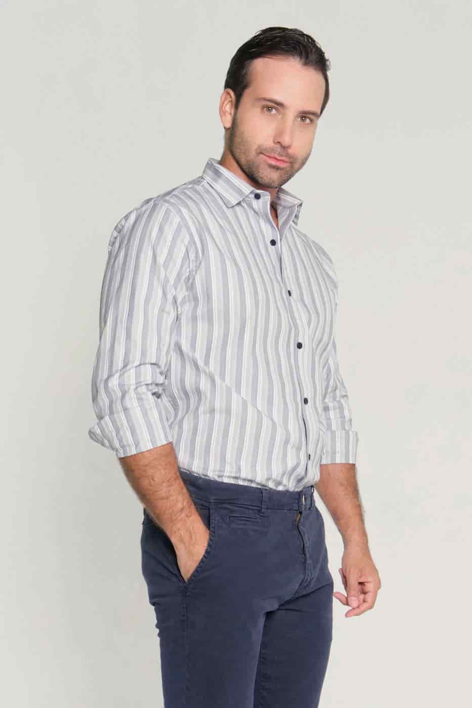 Camisa Slim Algodón Raya Gris - miniatura 1