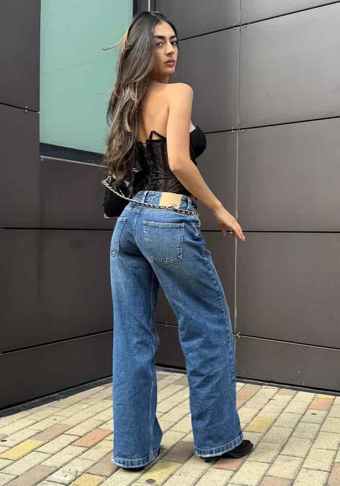 Jean Rígido Wide Leg Baggy para Mujer Tono Azul Medio Oscuro Tiro Bajo - miniatura 2