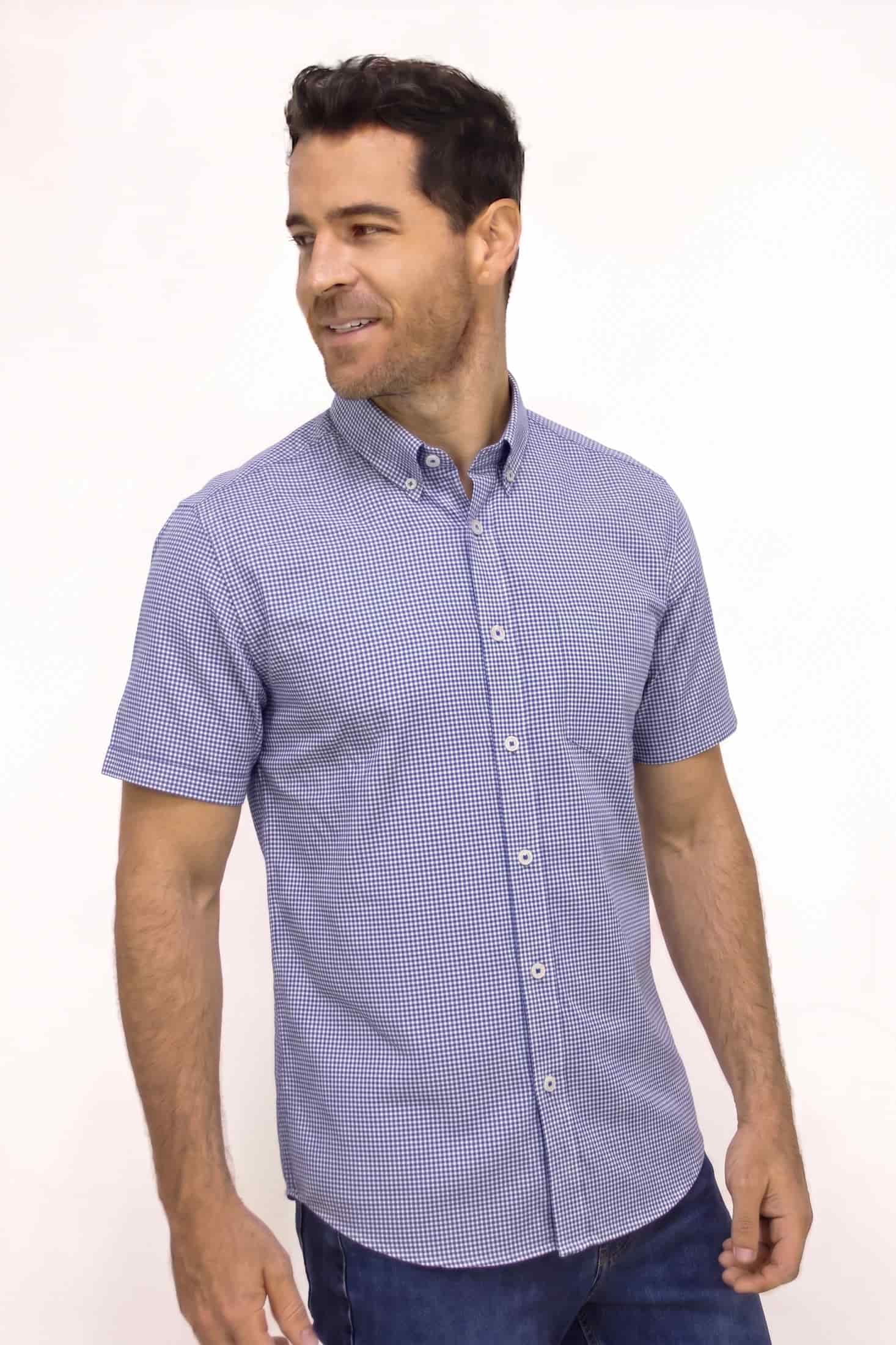 CAMISA MANGA CORTA A CUADROS AZUL PARA HOMBRE - miniatura 1