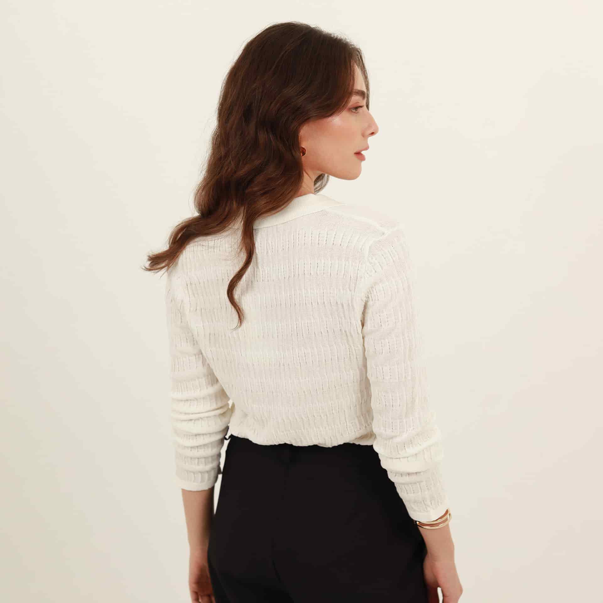 Sweater cárdigan corto cuello camisero con textura - miniatura 1