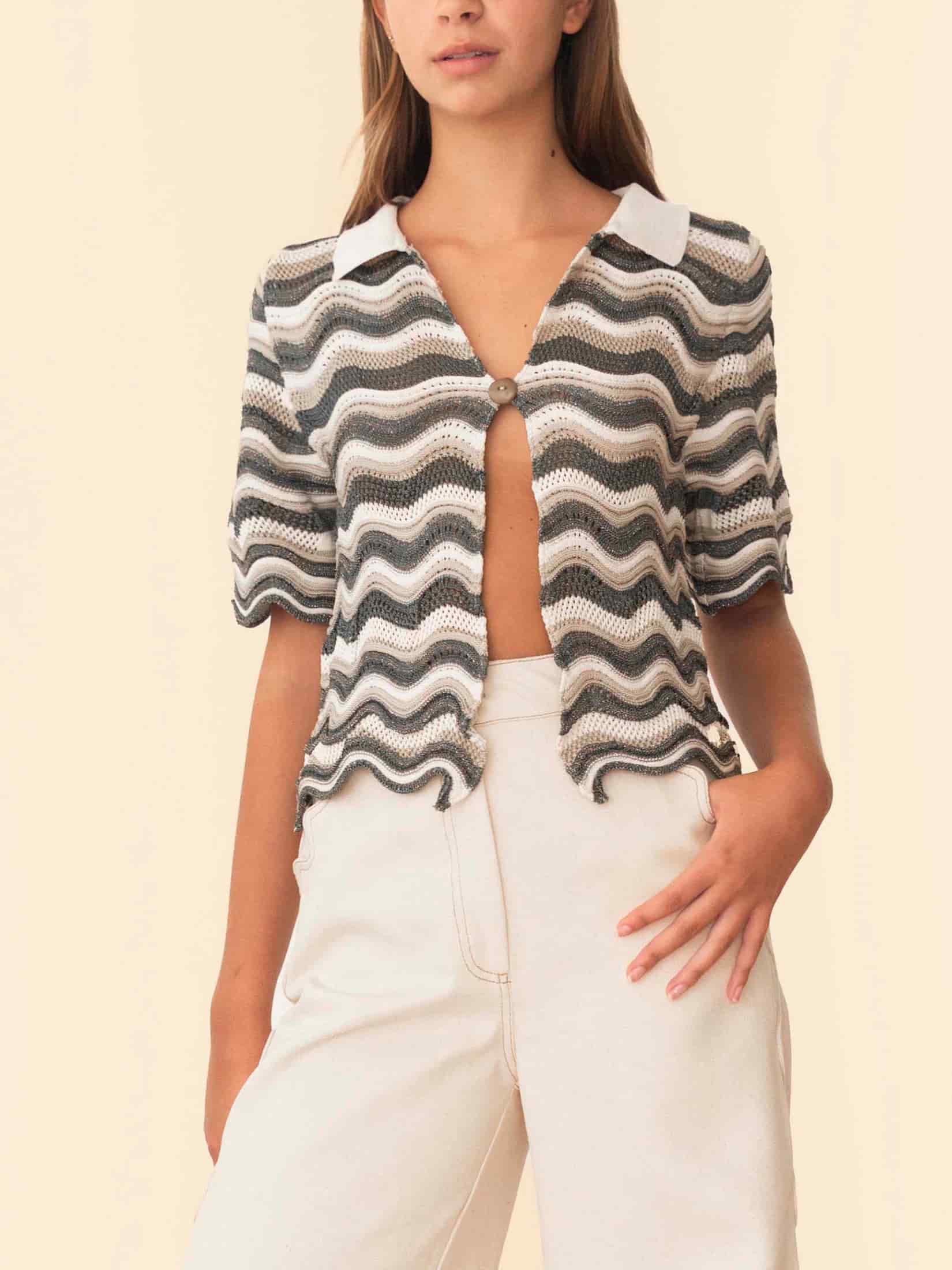 MARTINA TOP GREEN WITH BEIGE STRIPES - miniatura 1