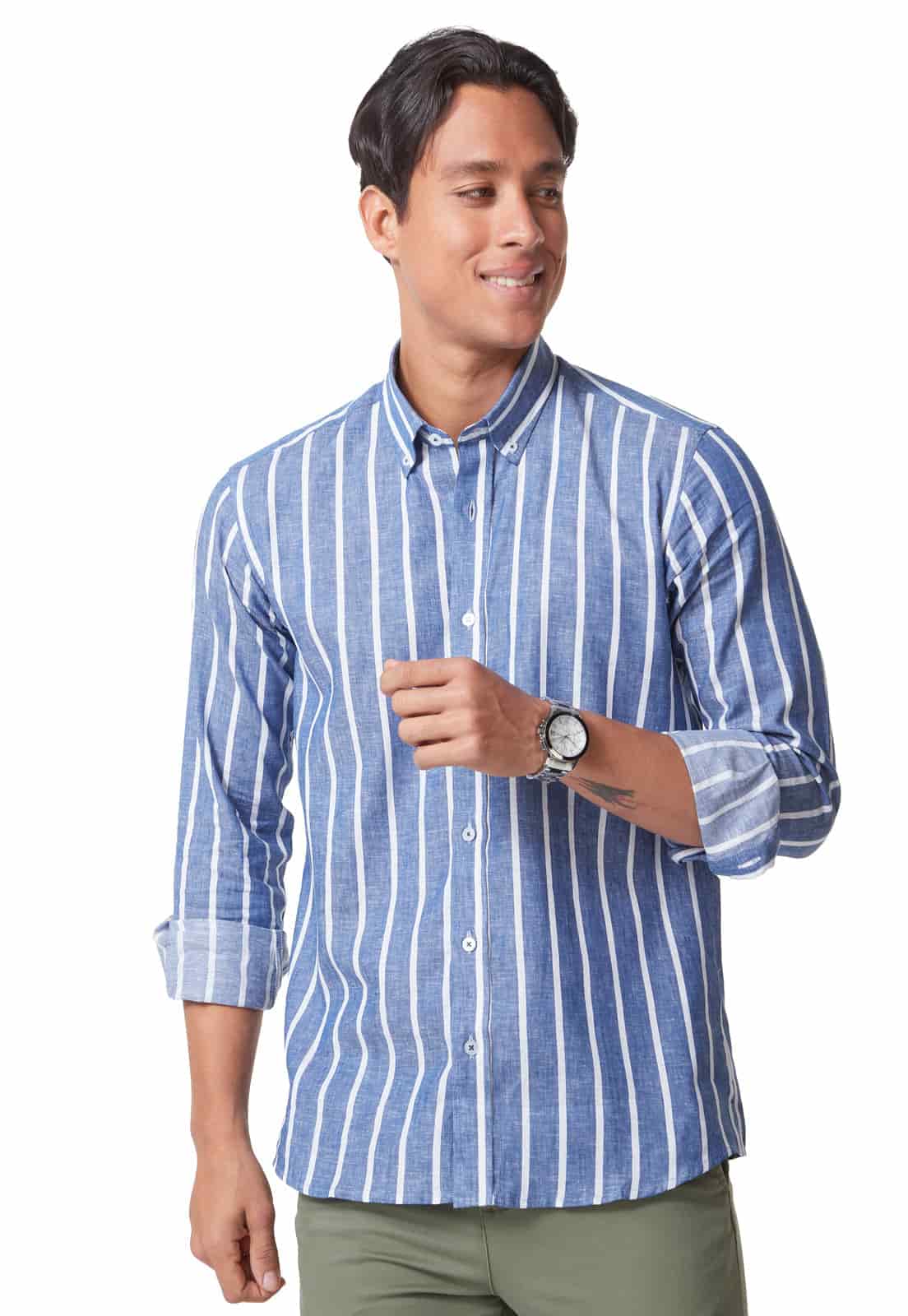 Camisa en Lino azul con rayas blancas - miniatura 1
