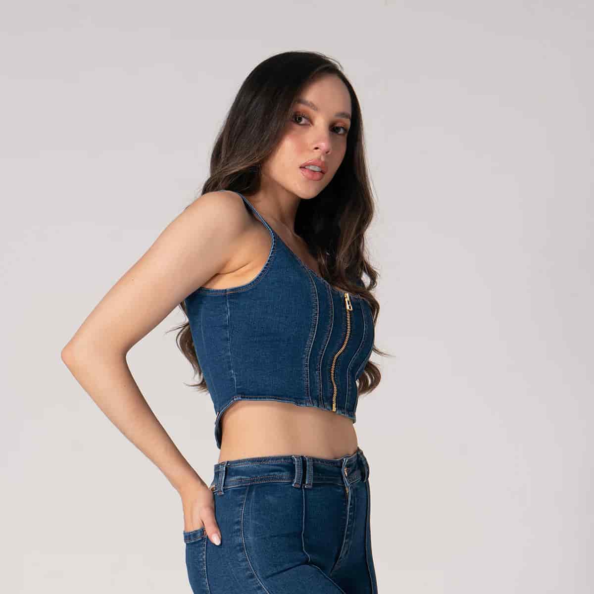 Blusa Crop Top Denim Slim Fava - miniatura 7