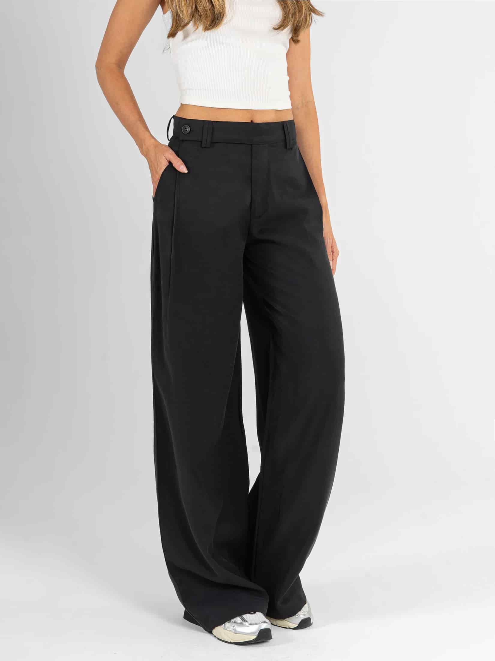 Ref: 0620598 Pantalón palazzo, tono negro, tejido plano liviano, detalle pretina, tiro alto - miniatura 3