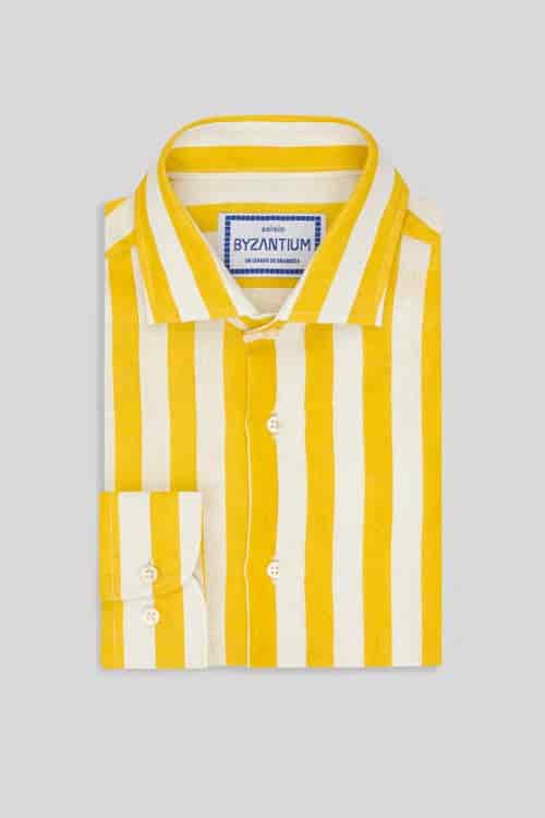 Men's linen shirt yellow faded striped - miniatura 3