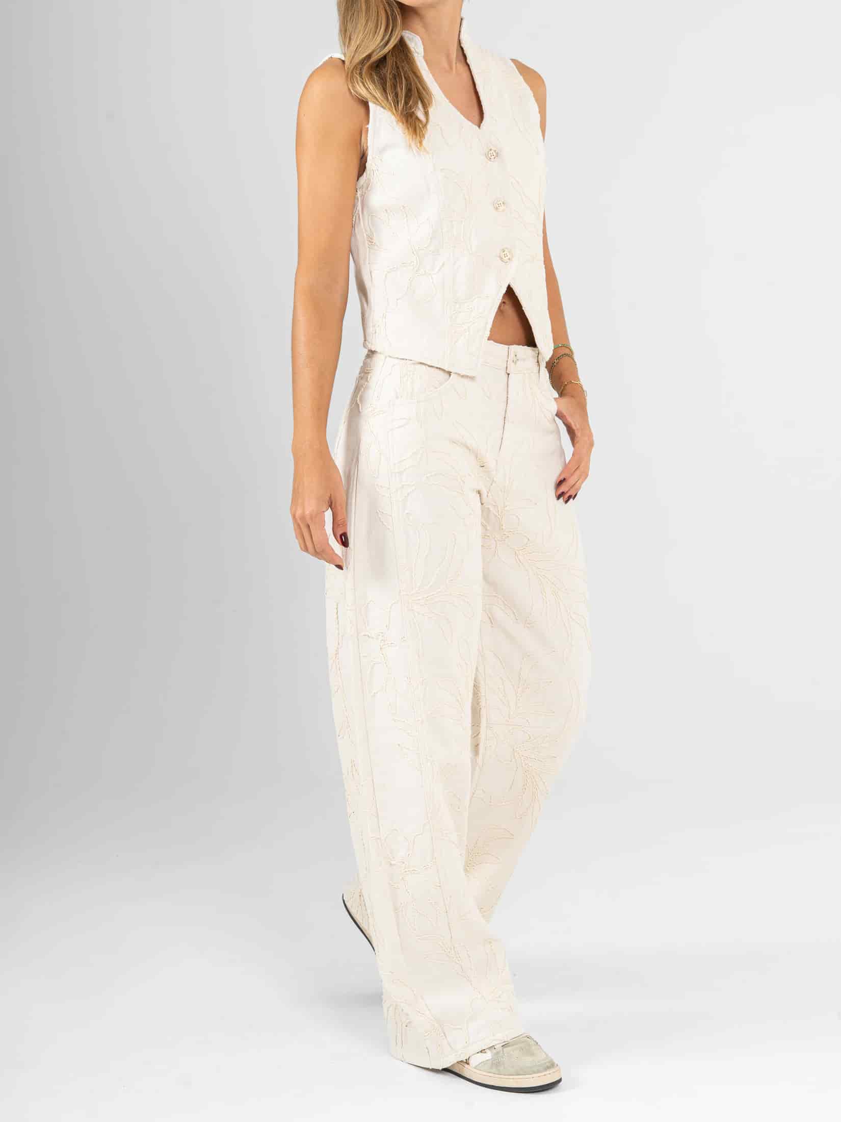 Ref: 0620305 Pantalón wide leg, tiro medio, tela bordada, tono natural - miniatura 2