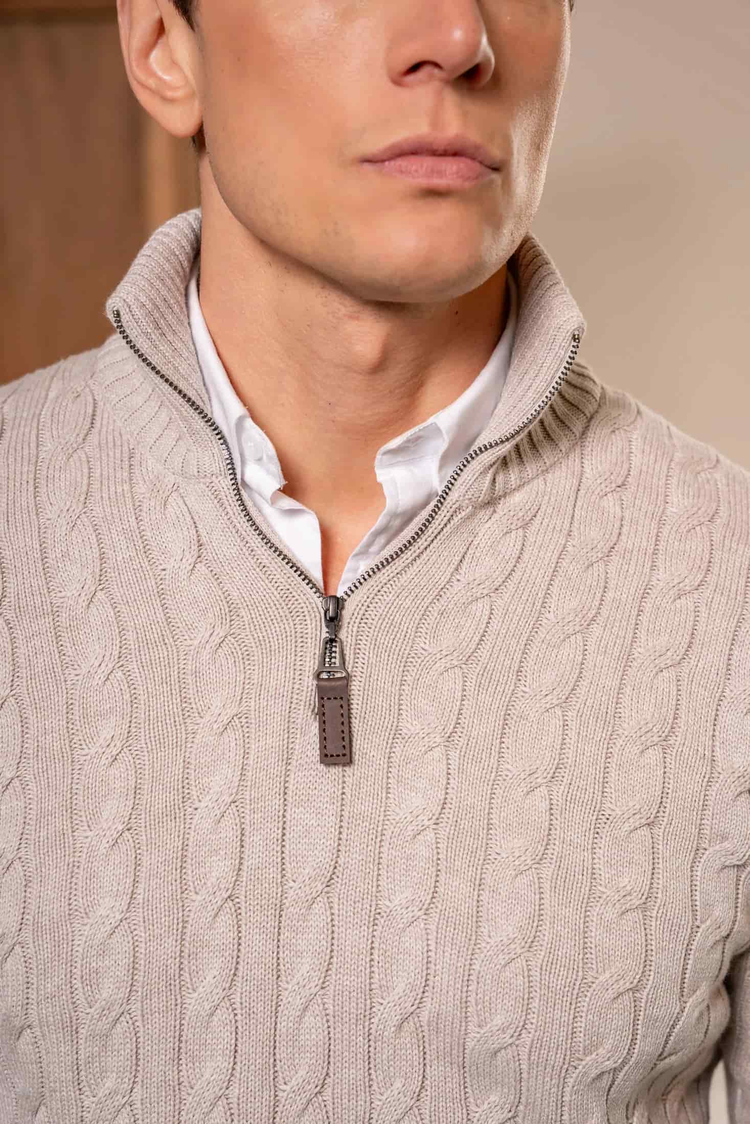 Suéter Halfzip Trenzado Hombre Arena - miniatura 1
