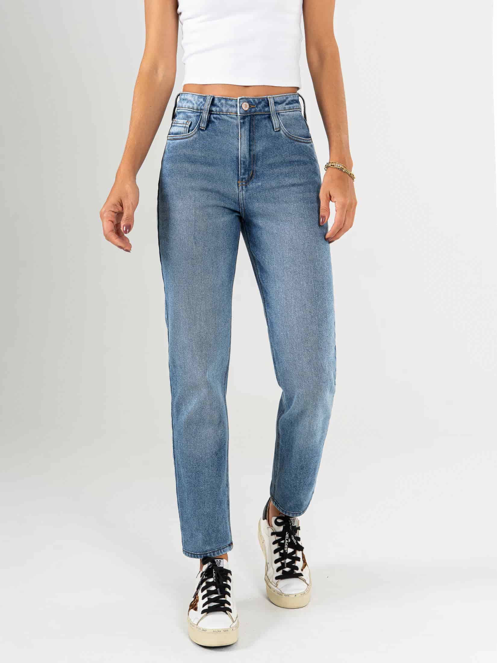 Ref: 065803 Jean Mom fit, slim cropped, stretch, tiro alto, tono azul medio claro - miniatura 1