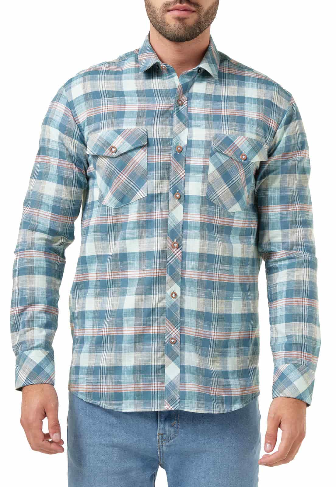 Camisa leñadora verde con tonos azules y blanco doble bolsillo - miniatura 3