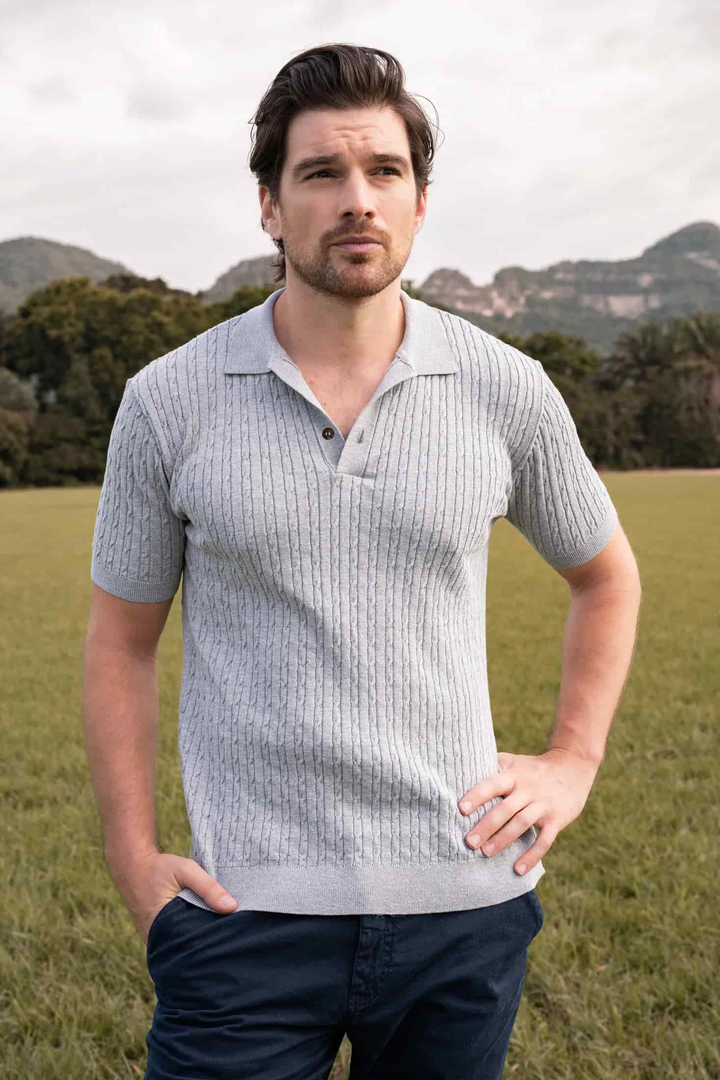 Camiseta polo trenzada tejida Hombre Hueso - miniatura 5