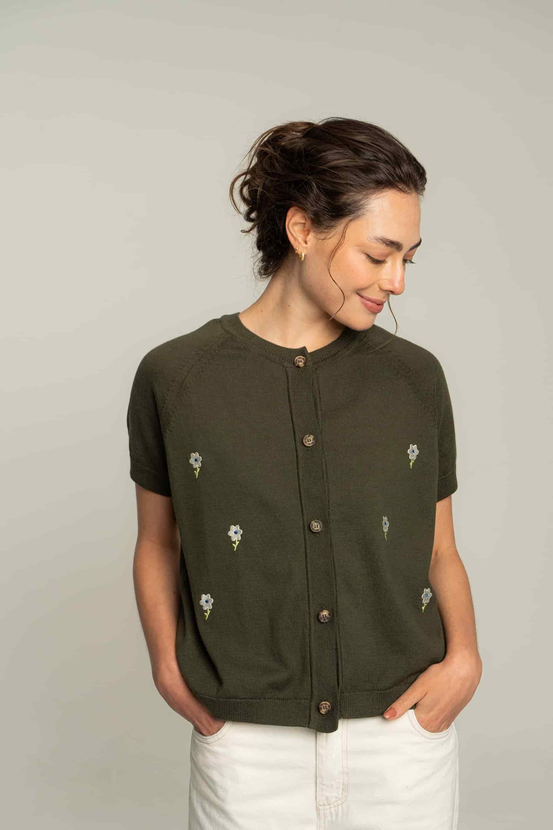 Cardigan corto flores bordadas - verde - miniatura 1