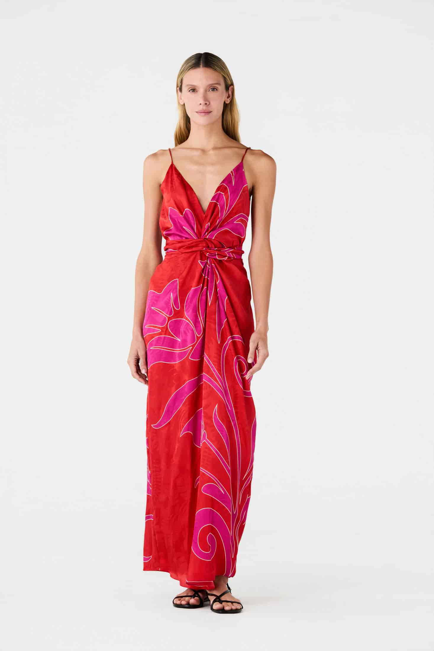 Macarena Silk Jacquard Midi Dress / Red & Fuchsia Maxi Buganvilia - miniatura 1