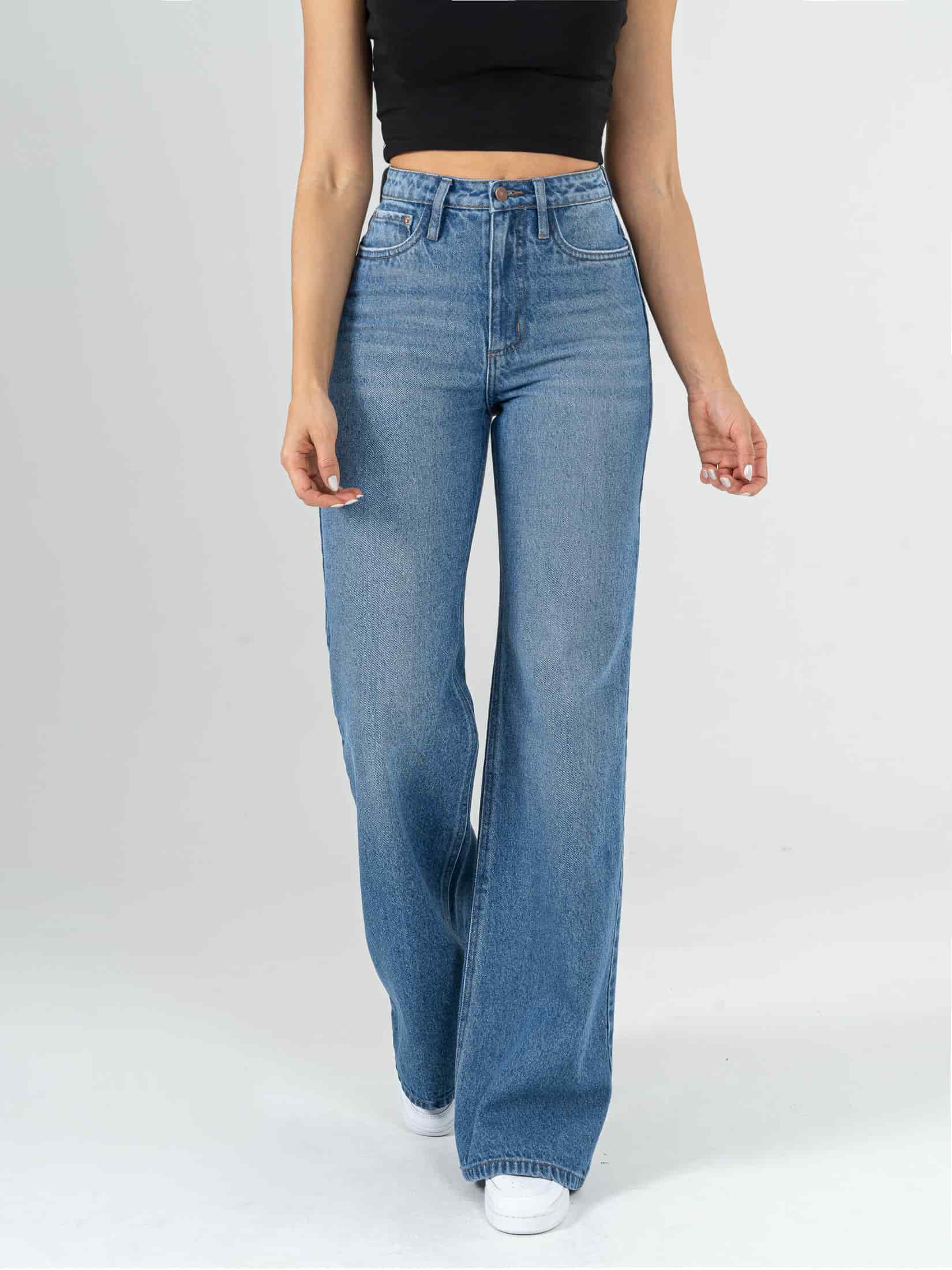 Ref: 064236 Jean Mom Flare, rígido, tiro alto, tono azul medio, diseño cinco bolsillos. - miniatura 1