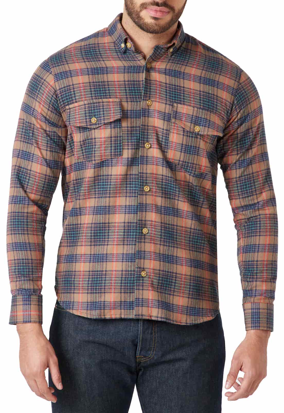 Camisa manga larga leñadora camel rayas azul y roja - miniatura 3