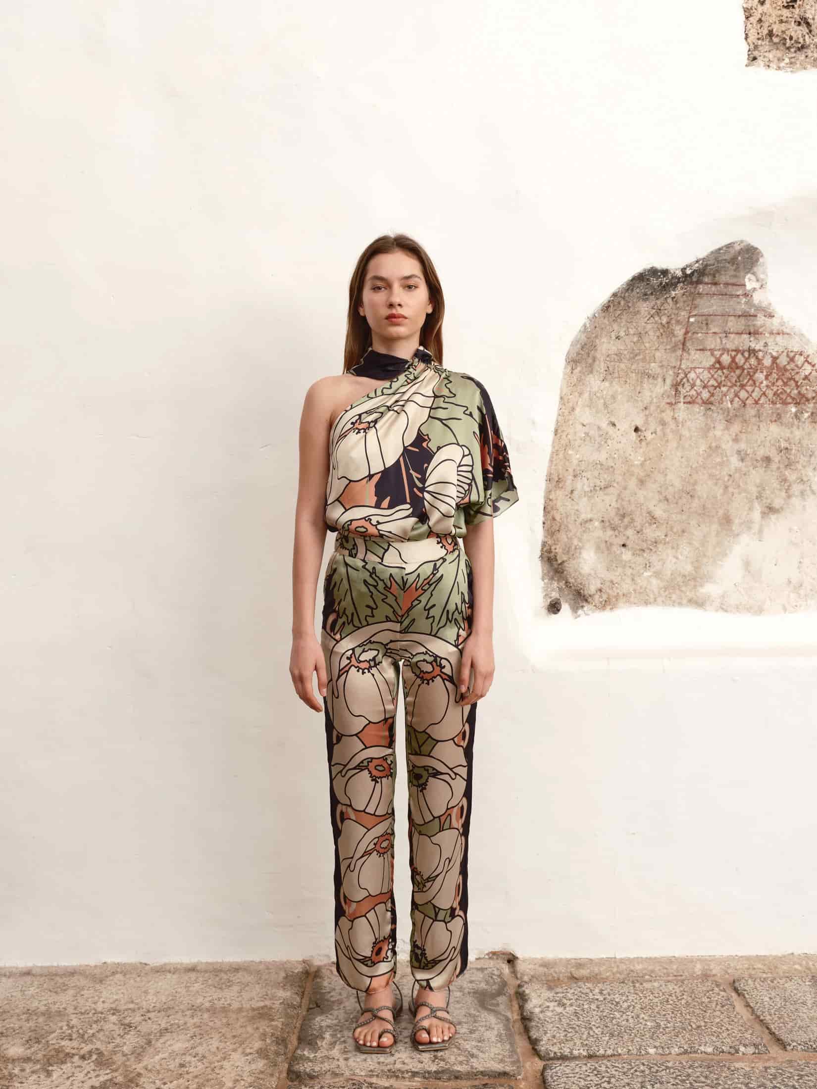 Chiminango Satin Silk Blouse / Sage Gladiolos Garden - miniatura 3