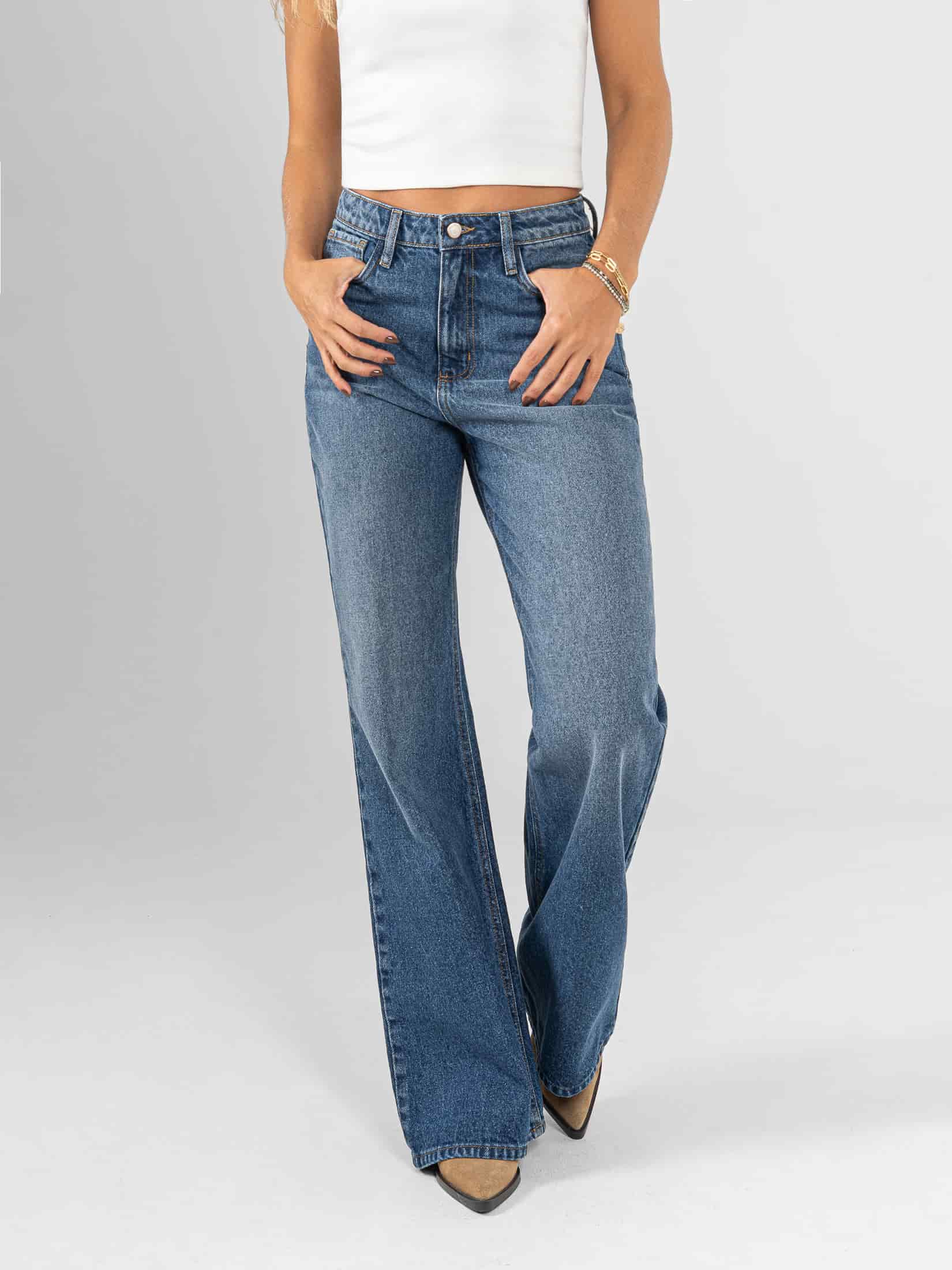 Ref: 066426 Jean mom flare, rígido, tiro alto, tono azul oscuro - miniatura 1