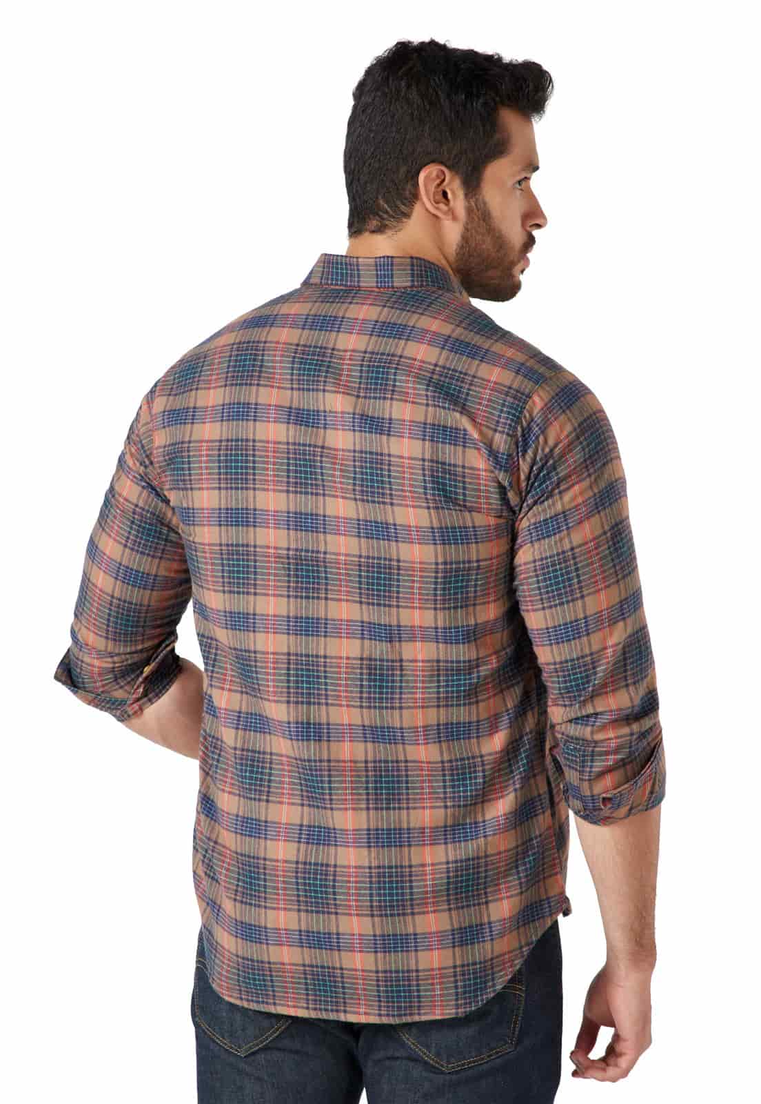 Camisa manga larga leñadora camel rayas azul y roja - miniatura 2