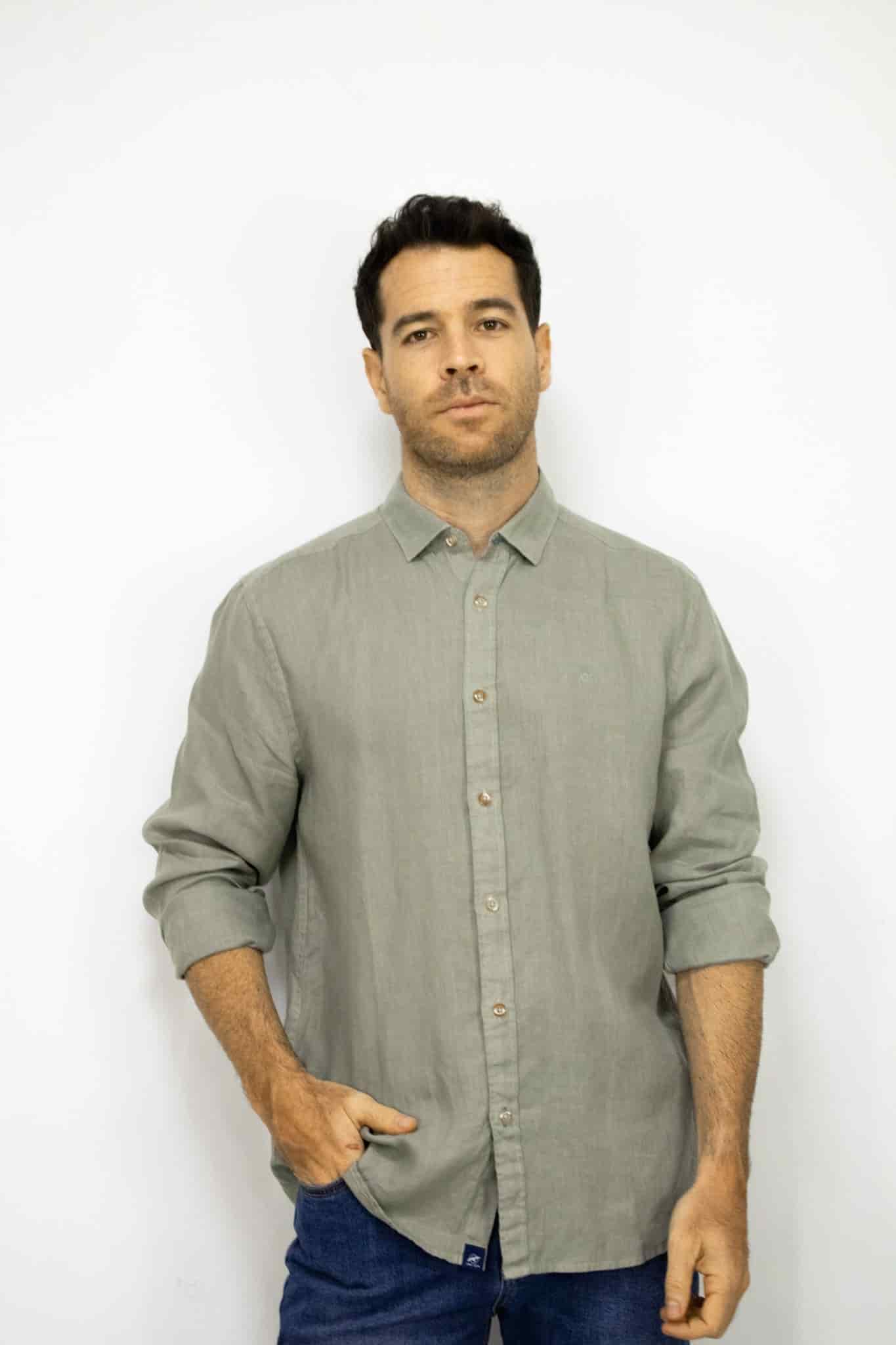 CAMISA LINO MANGA LARGA VERDE PARA HOMBRE - miniatura 1