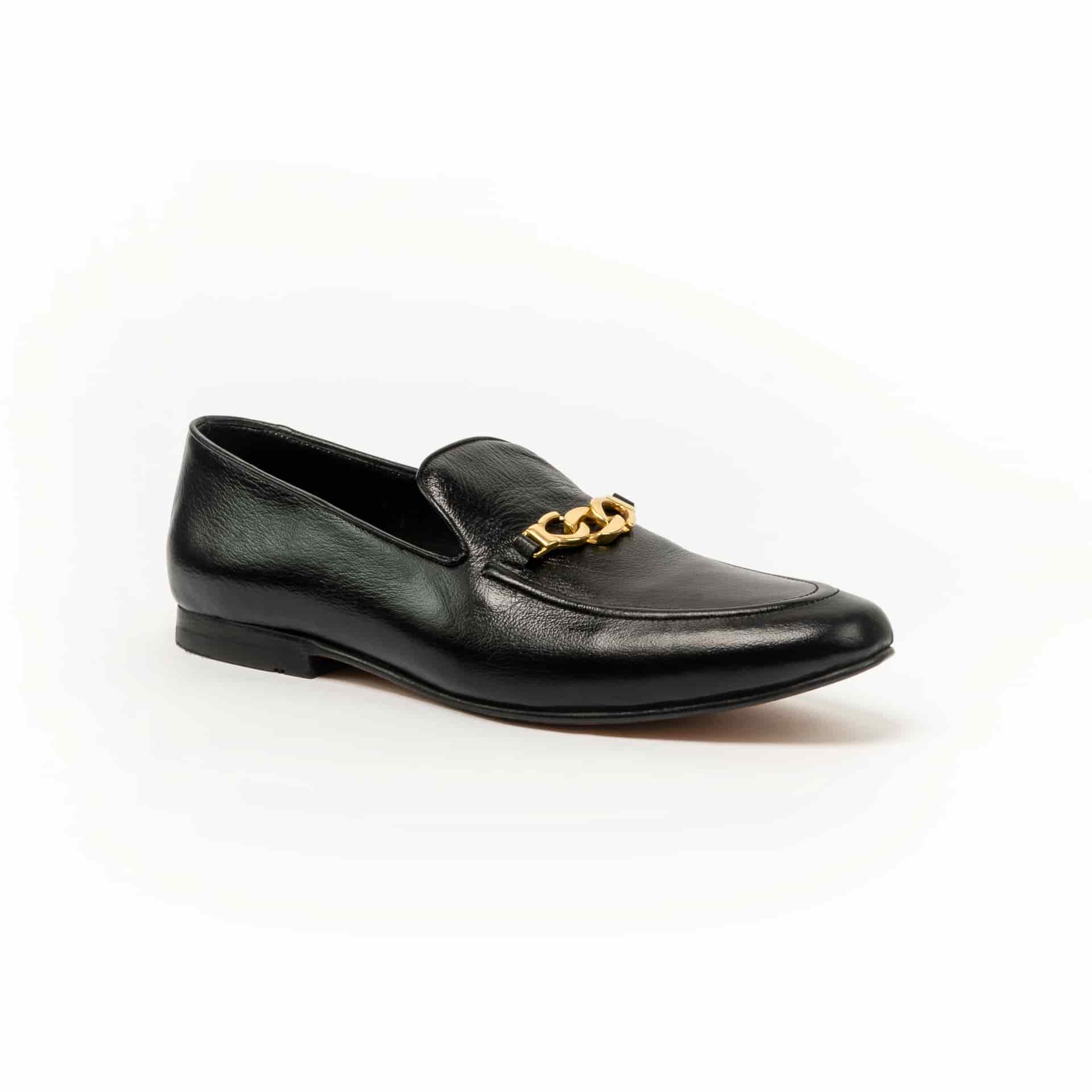 Loafers cuero negro hebilla trenzada dorada - miniatura 1