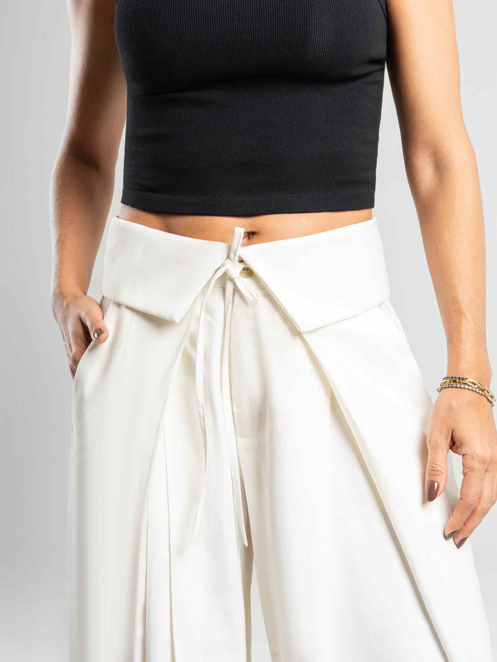 Ref: 0620436 Pantalón palazzo, prenses, tejido plano liviano, detalle en pretina, tono ivory - miniatura 3