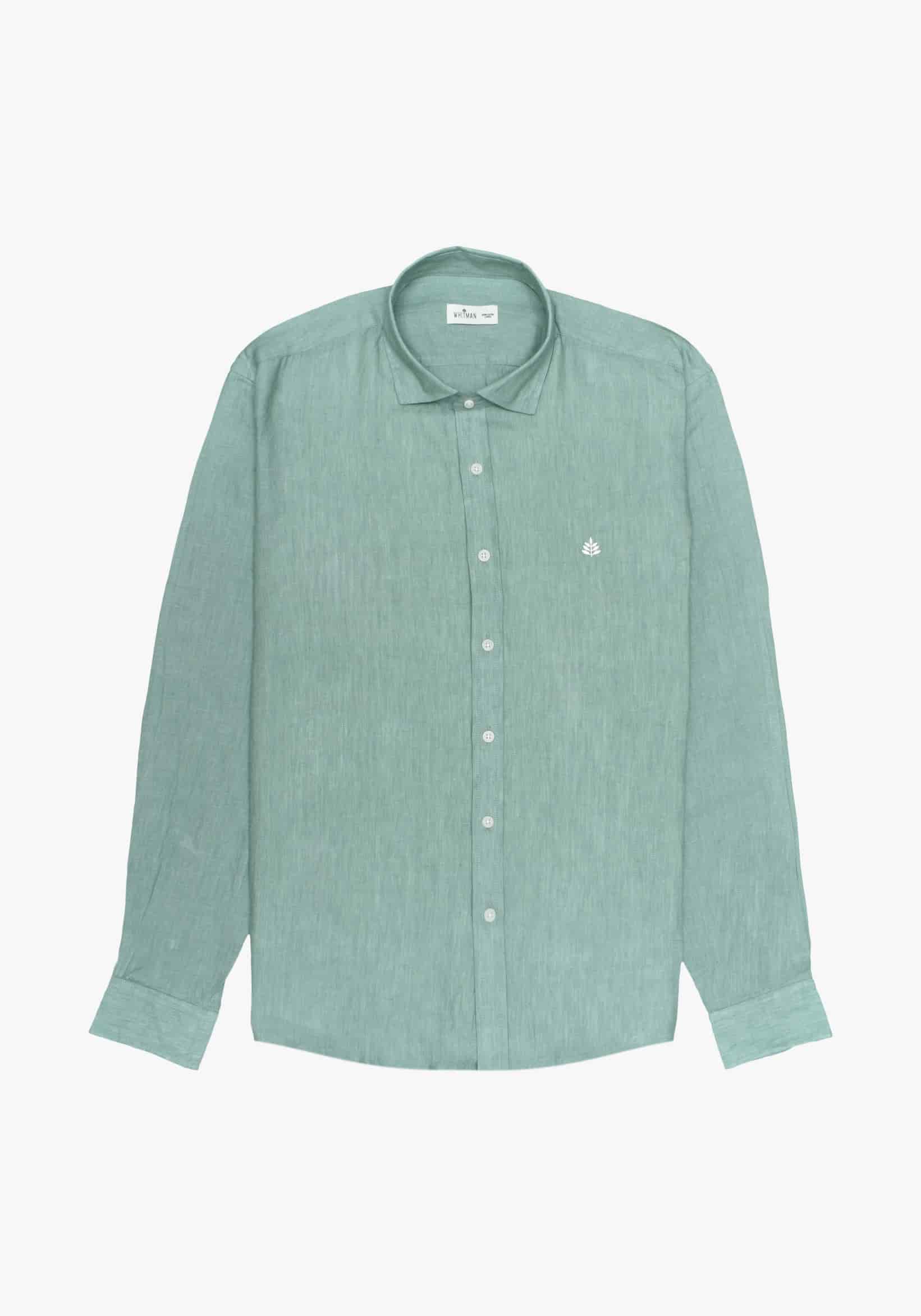 Camisa Lino Cuello Francés Verde Medio L-Bla - miniatura 1