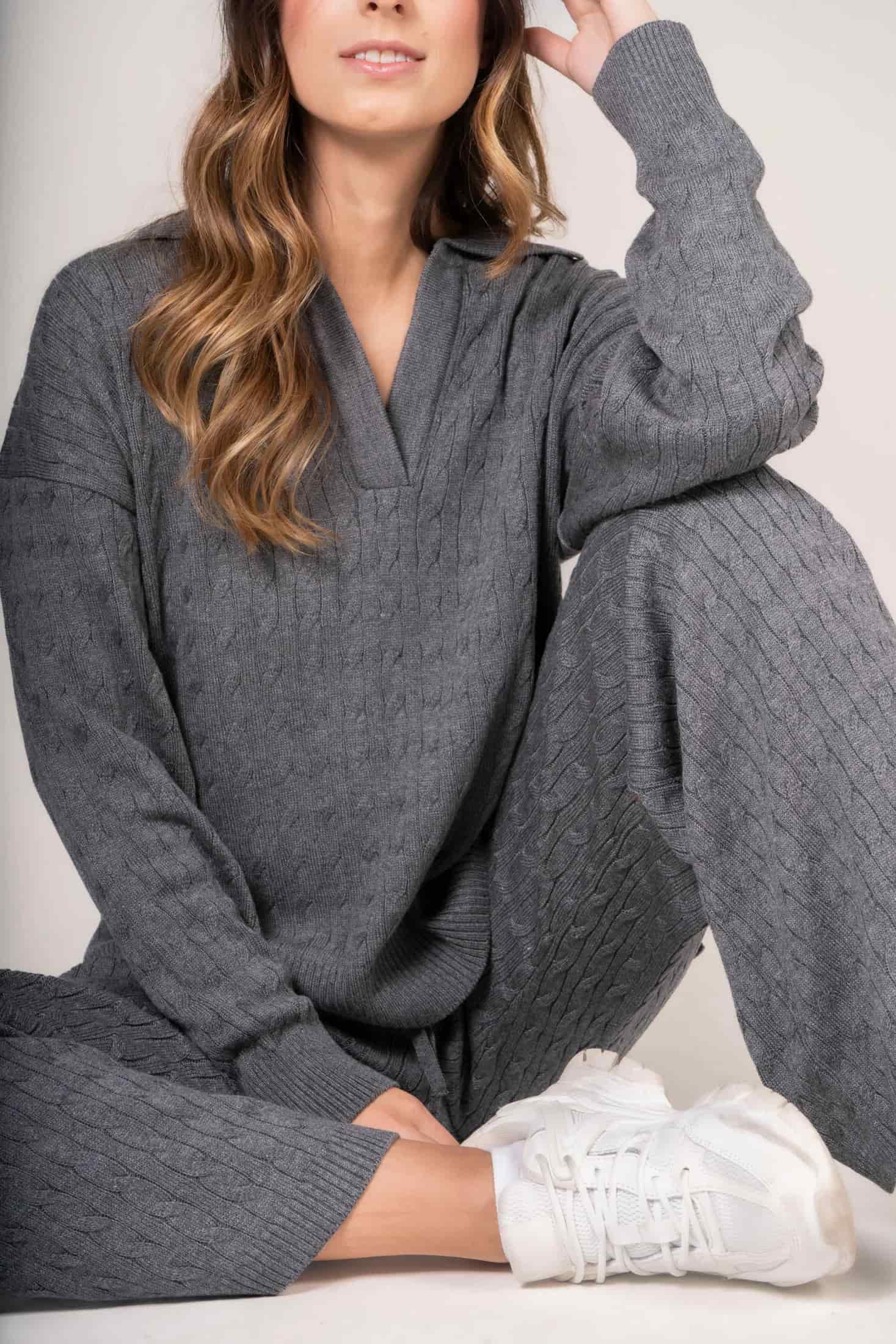Suéter Trenzado en V Premium Mujer Gris - miniatura 3