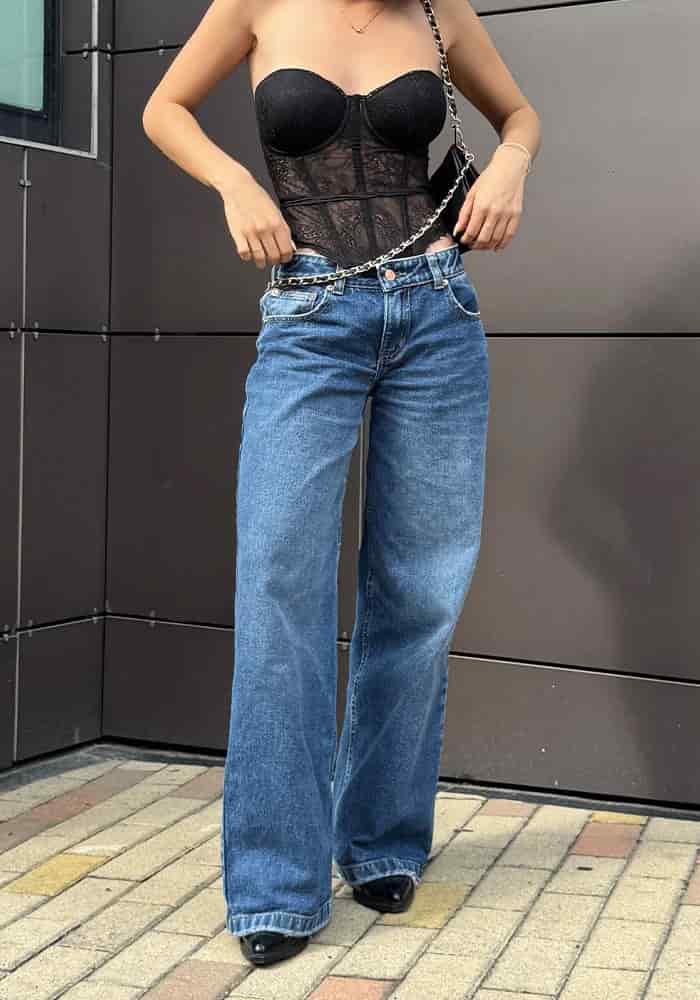 Jean Rígido Wide Leg Baggy para Mujer Tono Azul Medio Oscuro Tiro Bajo - miniatura 10