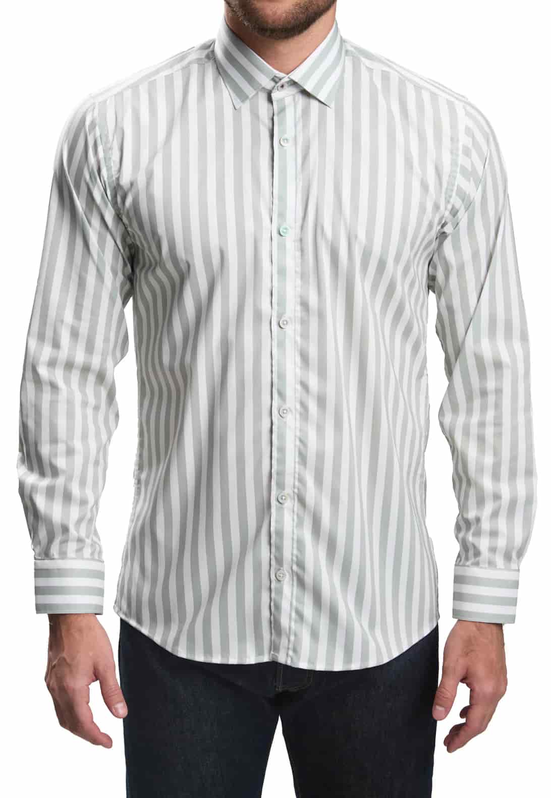 Camisa casual slim fit blanca a rayas verdes - miniatura 4