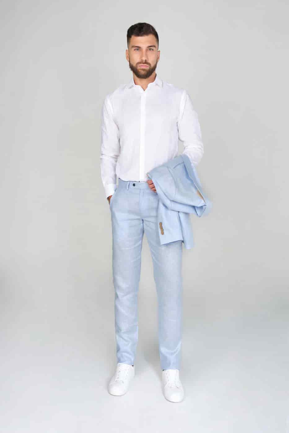 Pantalón Formal Slim Fit 100% Lino Azul Claro - miniatura 1