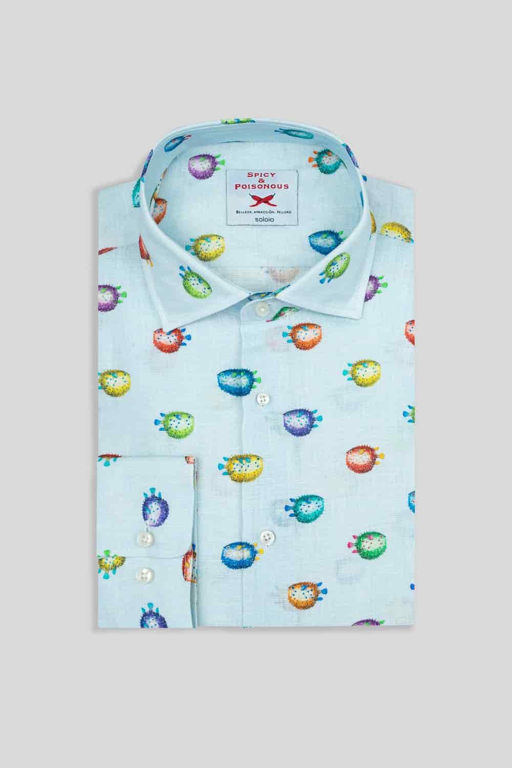 Men's linen shirt turquoise pufferfish - miniatura 3
