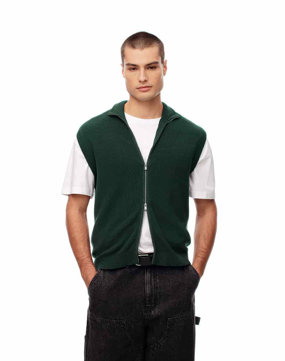 Chaleco regular tejido de punto algodón verde hombre - miniatura 1