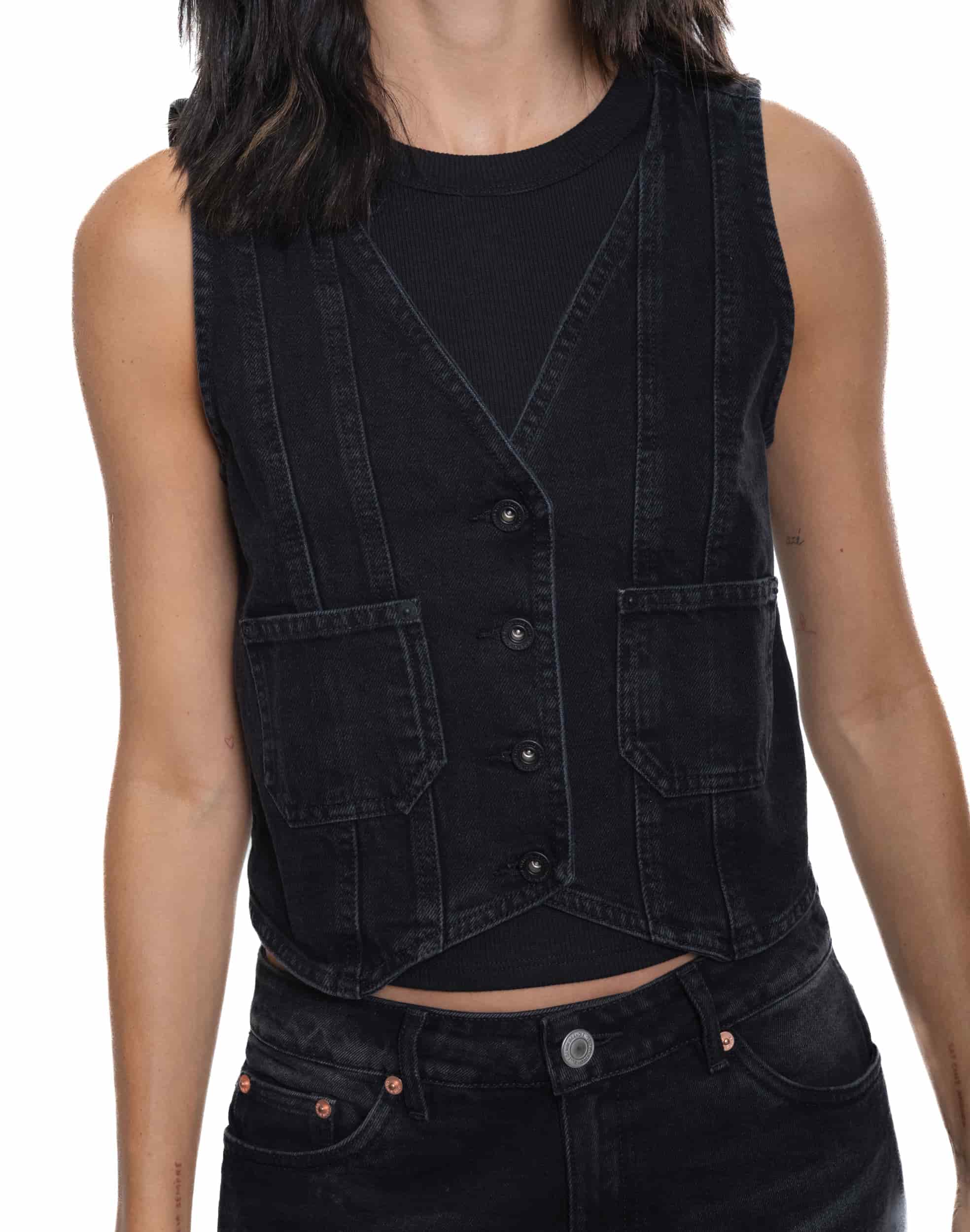 Chaleco Denim Negro Con Bolsillos - miniatura 3