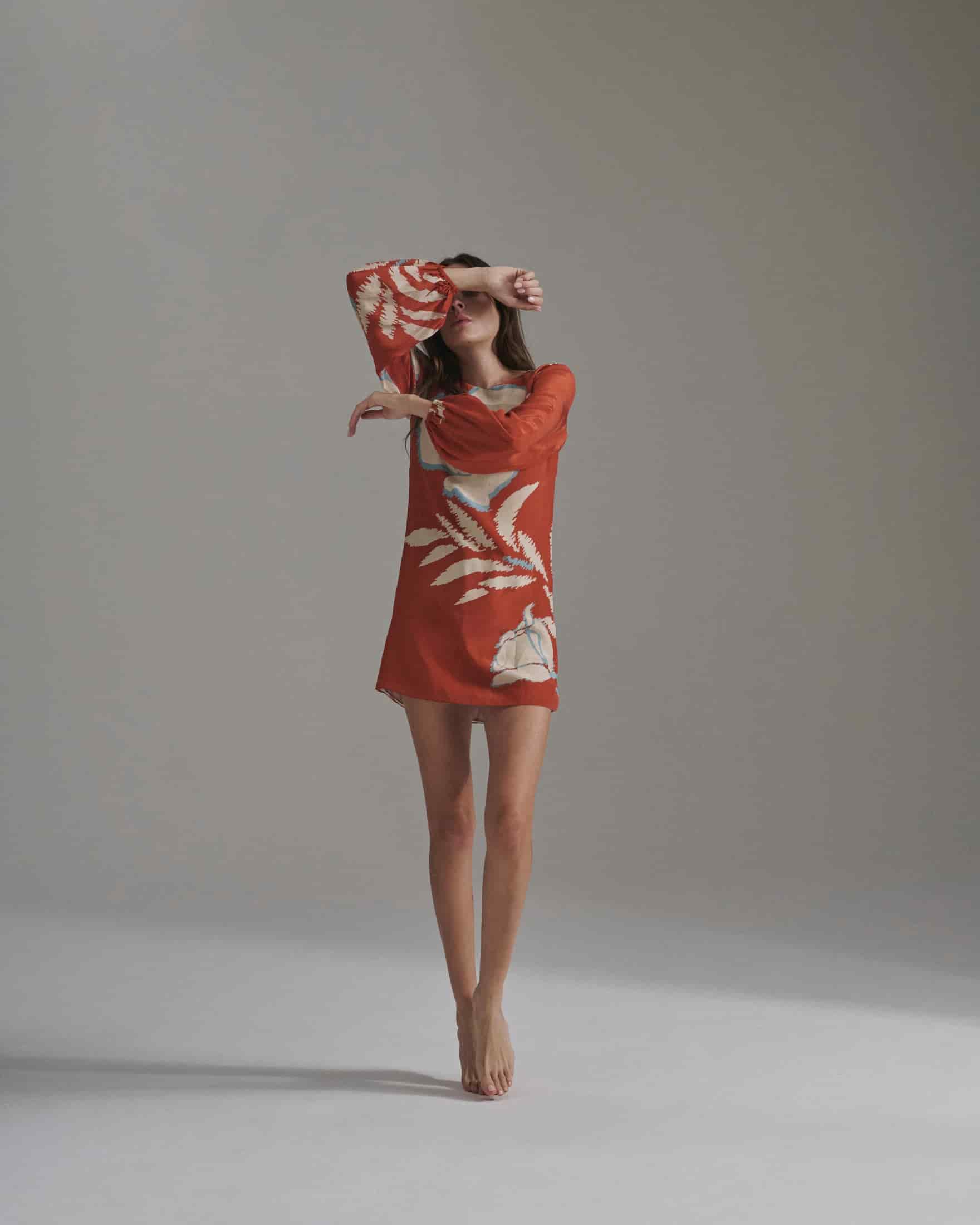 Lisboa Crepe Chine Mini Dress / Orange Gladiolos - miniatura 3
