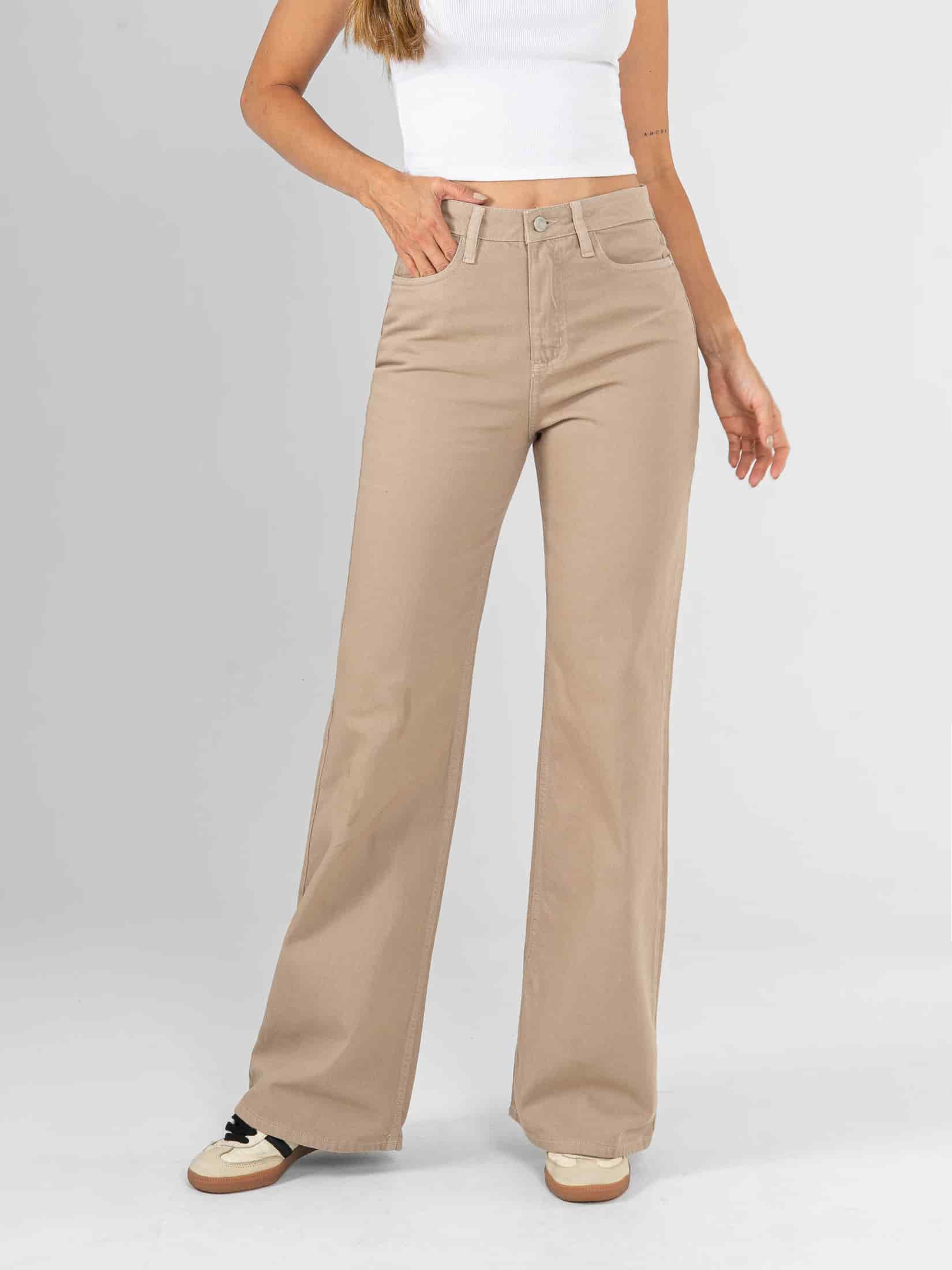 Ref: 0620459 Pantalón mom flare, rígido, tiro alto, tono caqui - miniatura 3