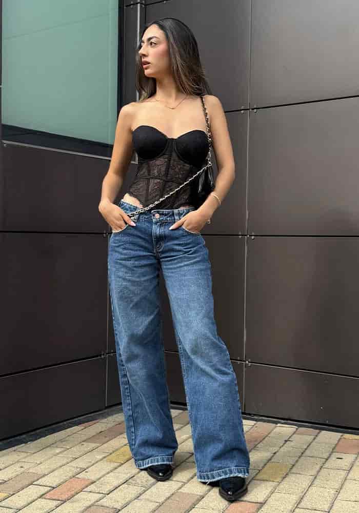 Jean Rígido Wide Leg Baggy para Mujer Tono Azul Medio Oscuro Tiro Bajo - miniatura 1