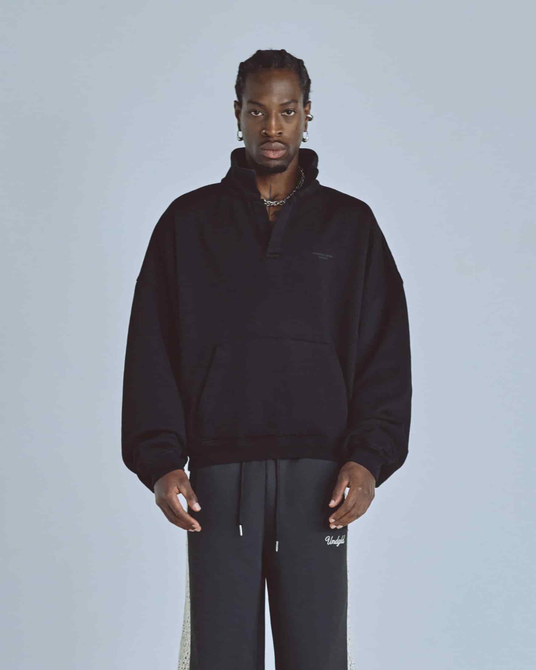 Basics Polo Collar Boxy Fit Hoodie Black - miniatura 9