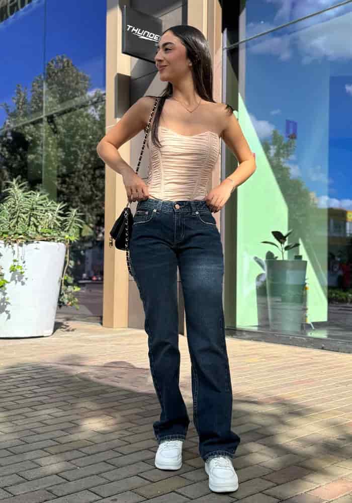 Jeans Straight Leg Azul Oscuro Dirty Tiro Bajo - miniatura 1