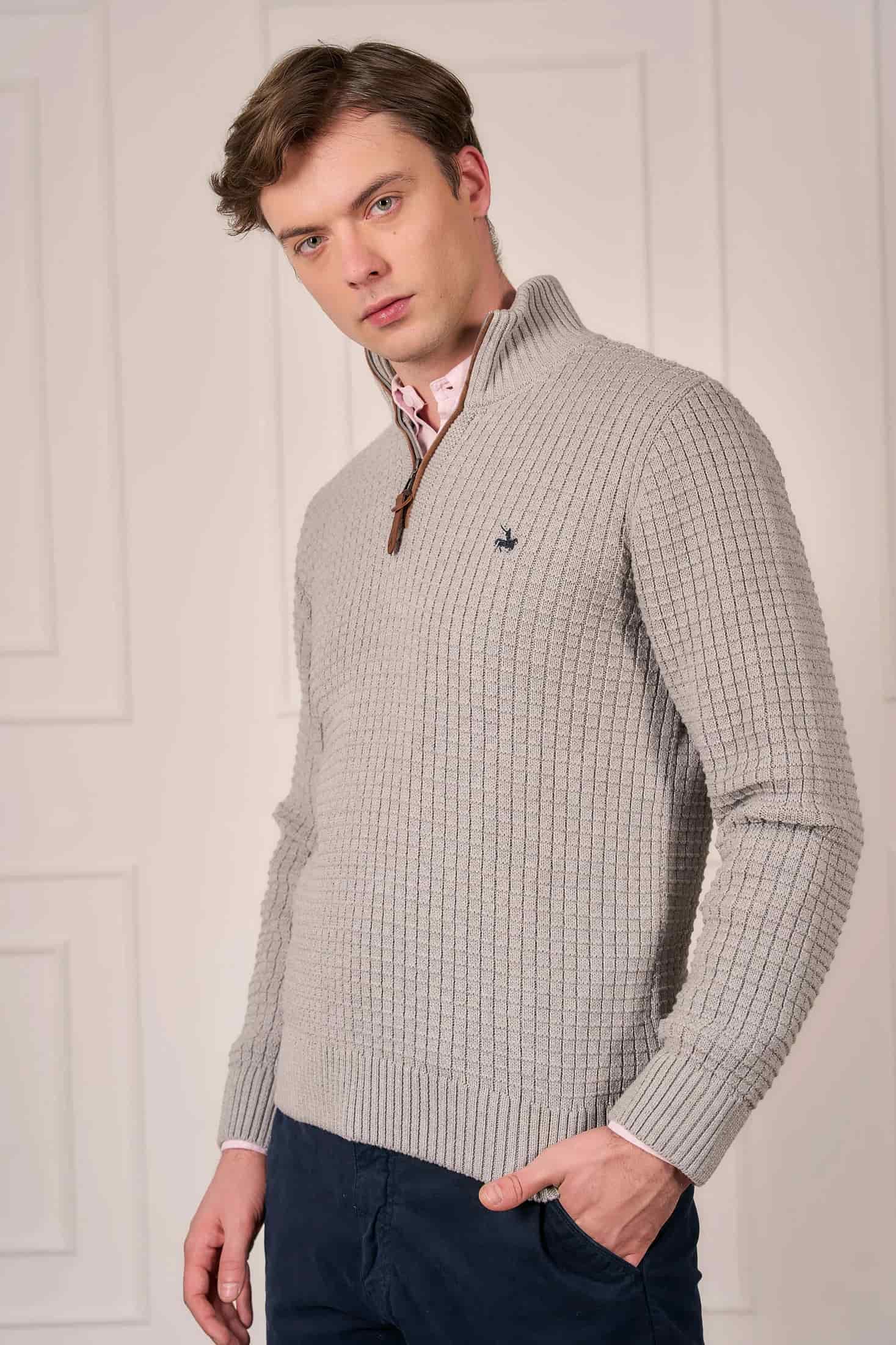 Suéter Halfzip Waffle Hombre Gris Claro - miniatura 1