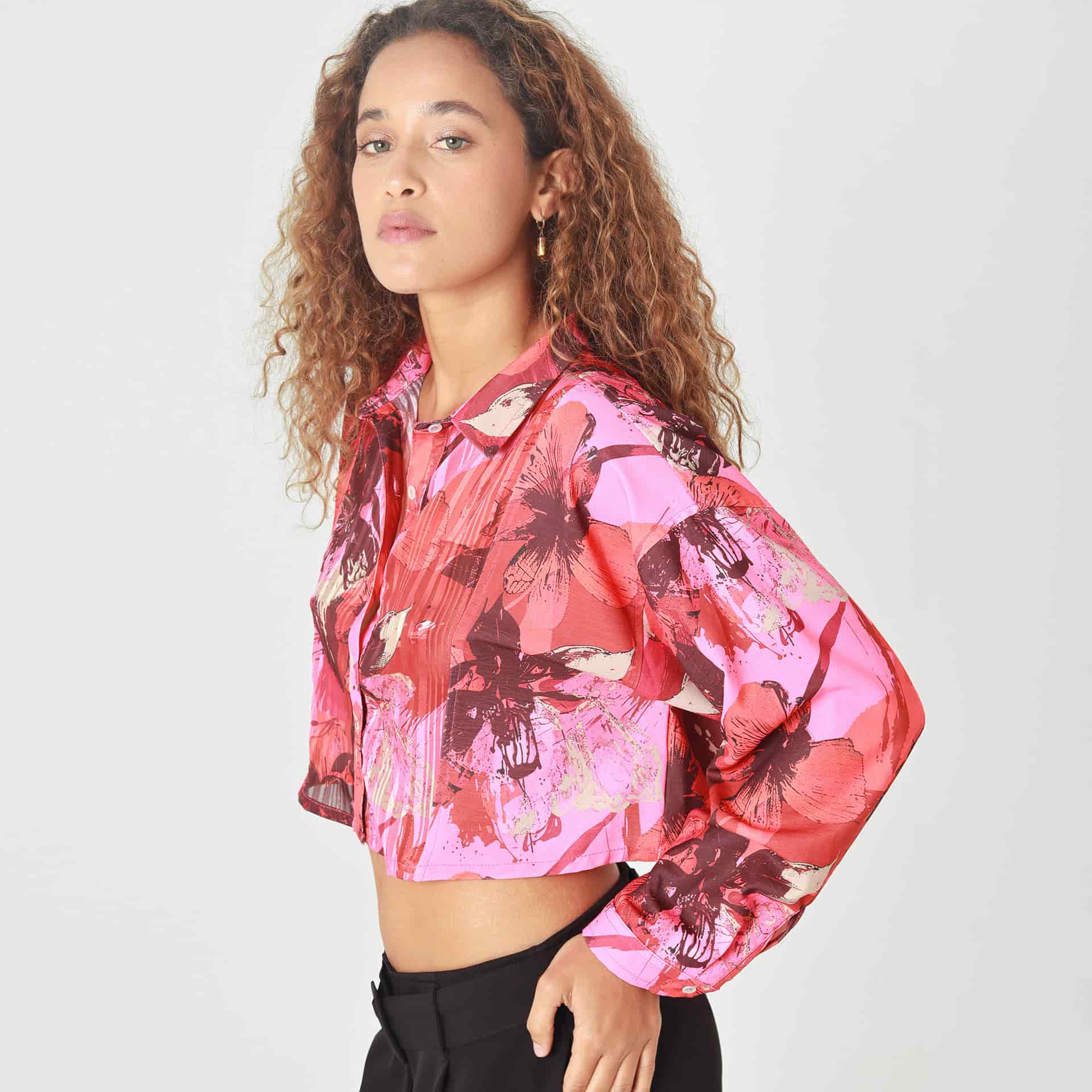 Blusa Crop Cuello Camisero Manga Larga - miniatura 3