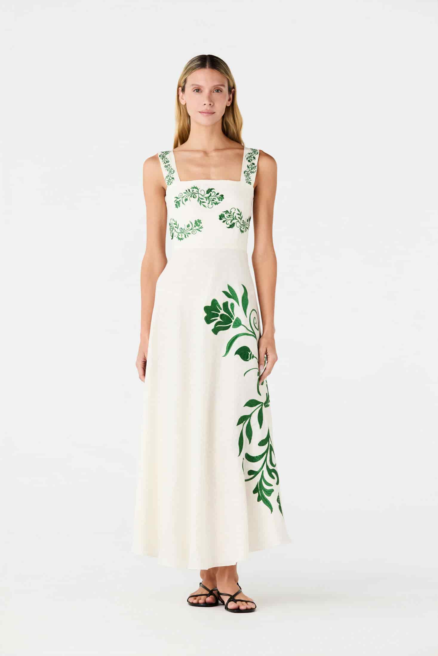 Noelia Embroidered Linen Midi Dress / Ivory Green Buganvilias - miniatura 2