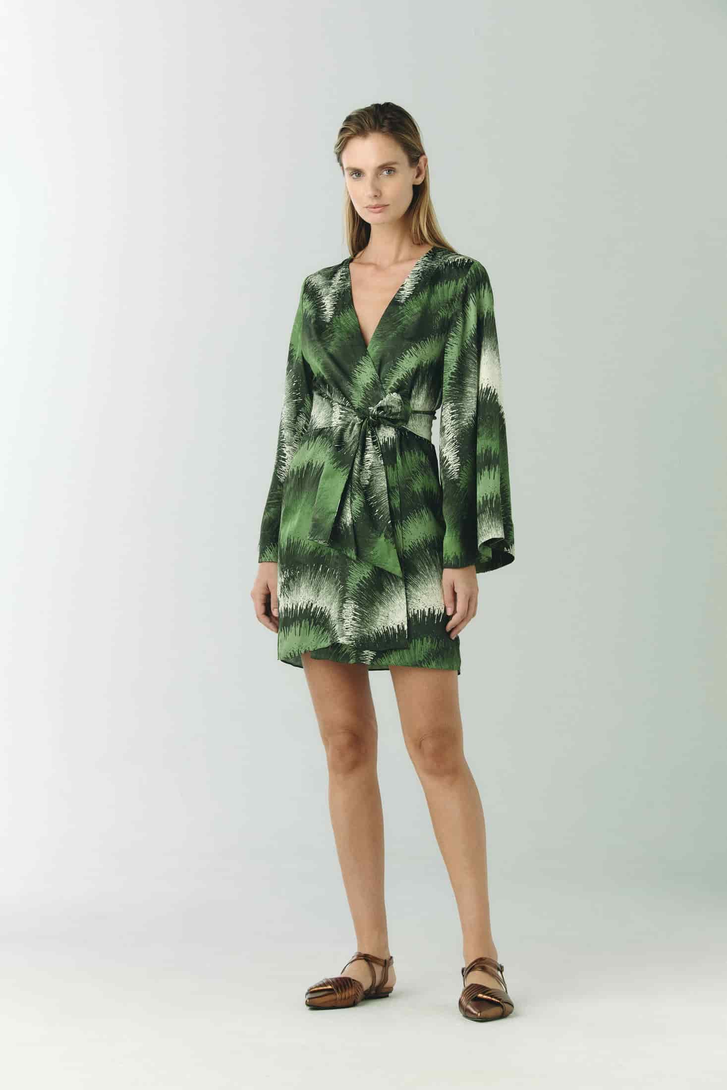 Joaquina Silk Jacquard Mini Kaftan / Green Brushed - miniatura 1