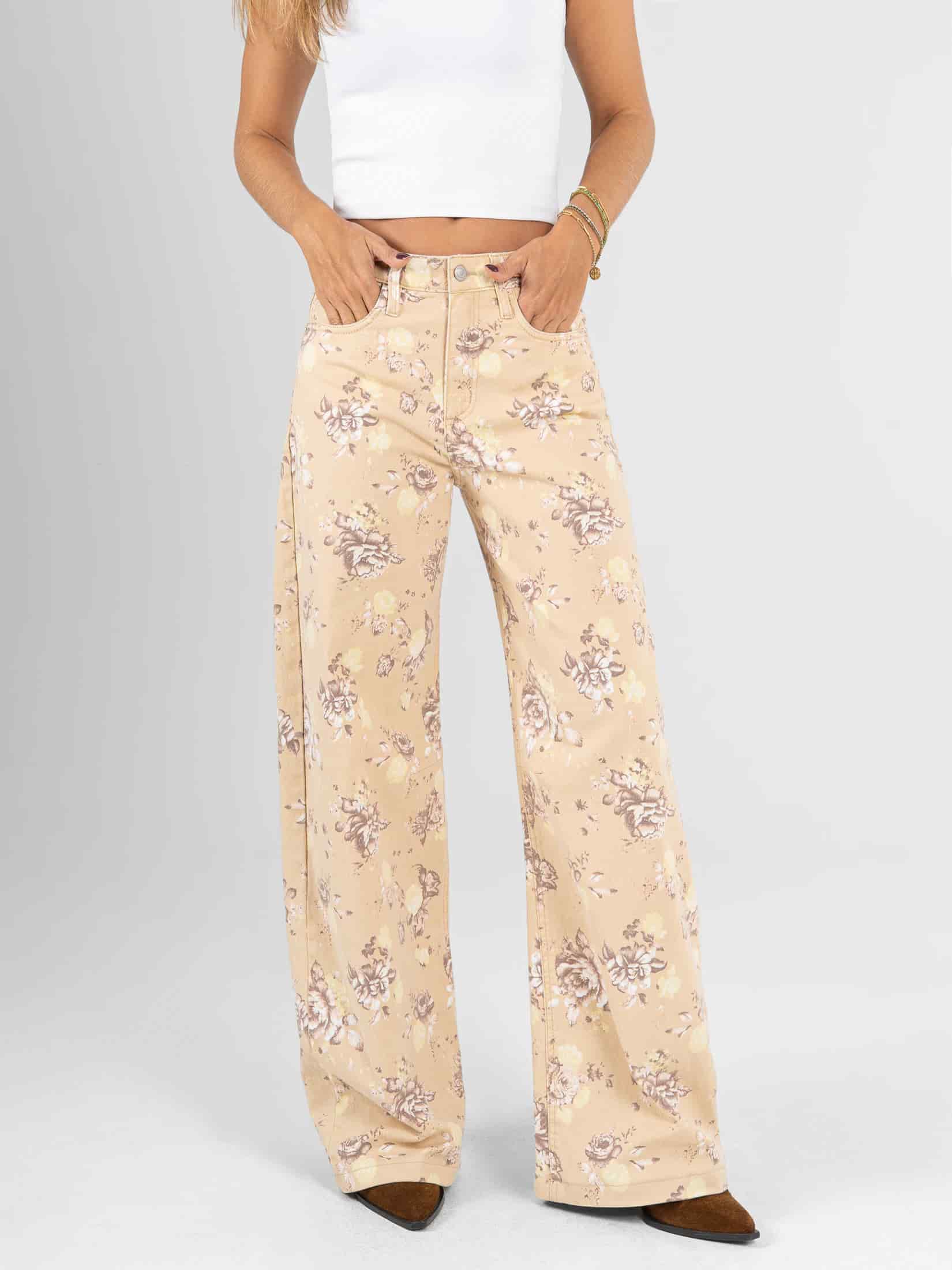 Ref: 0620641 Pantalón wide leg, stretch, tiro alto, tela estampada - miniatura 1