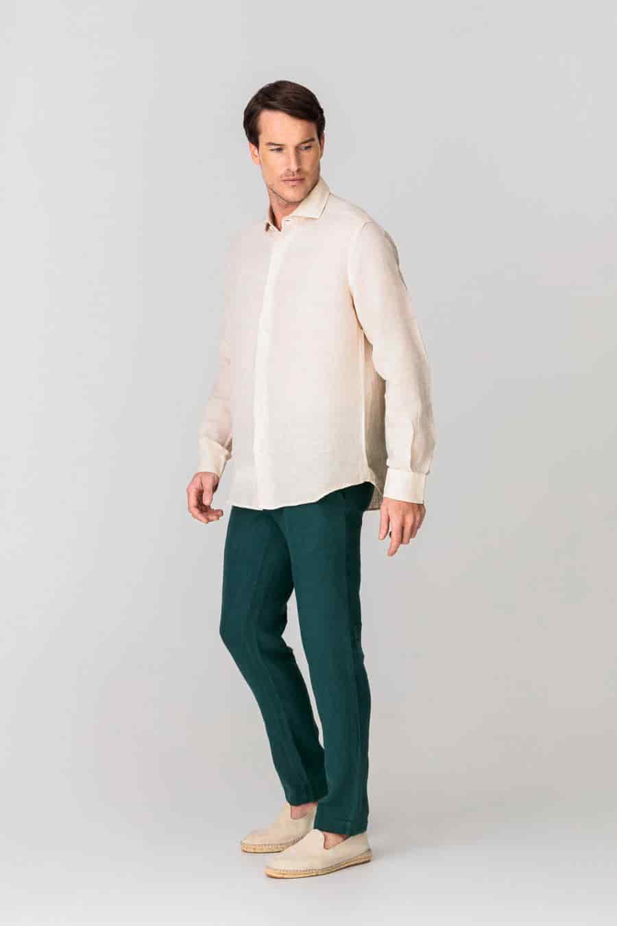 Men's linen shirt beige basic - miniatura 4
