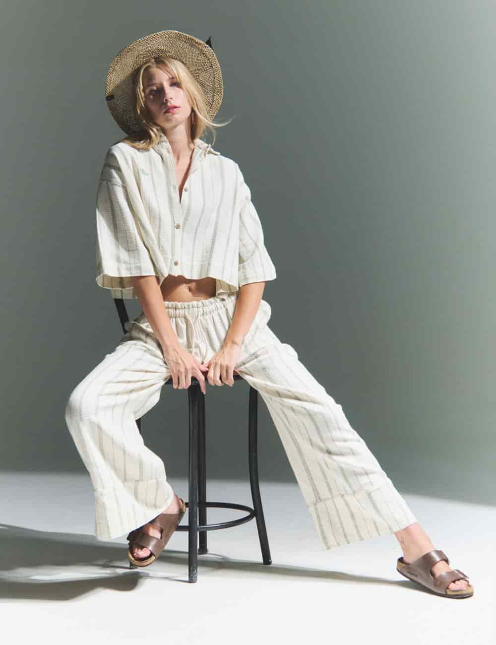 Pantalón Palazzo Raíz  crudo + verde Mujer - miniatura 3