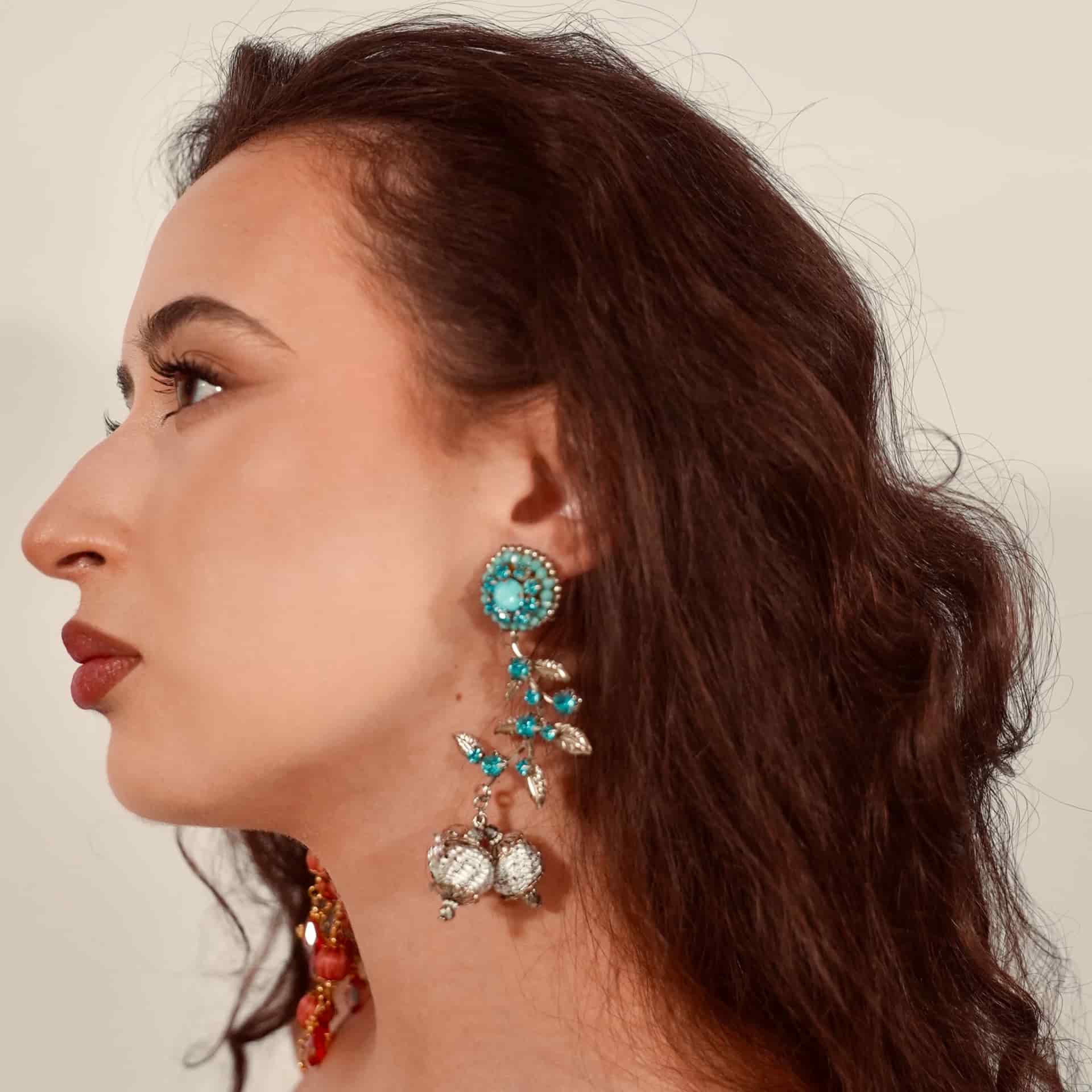 Flower with Leaf Turquoise Earrings - miniatura 2