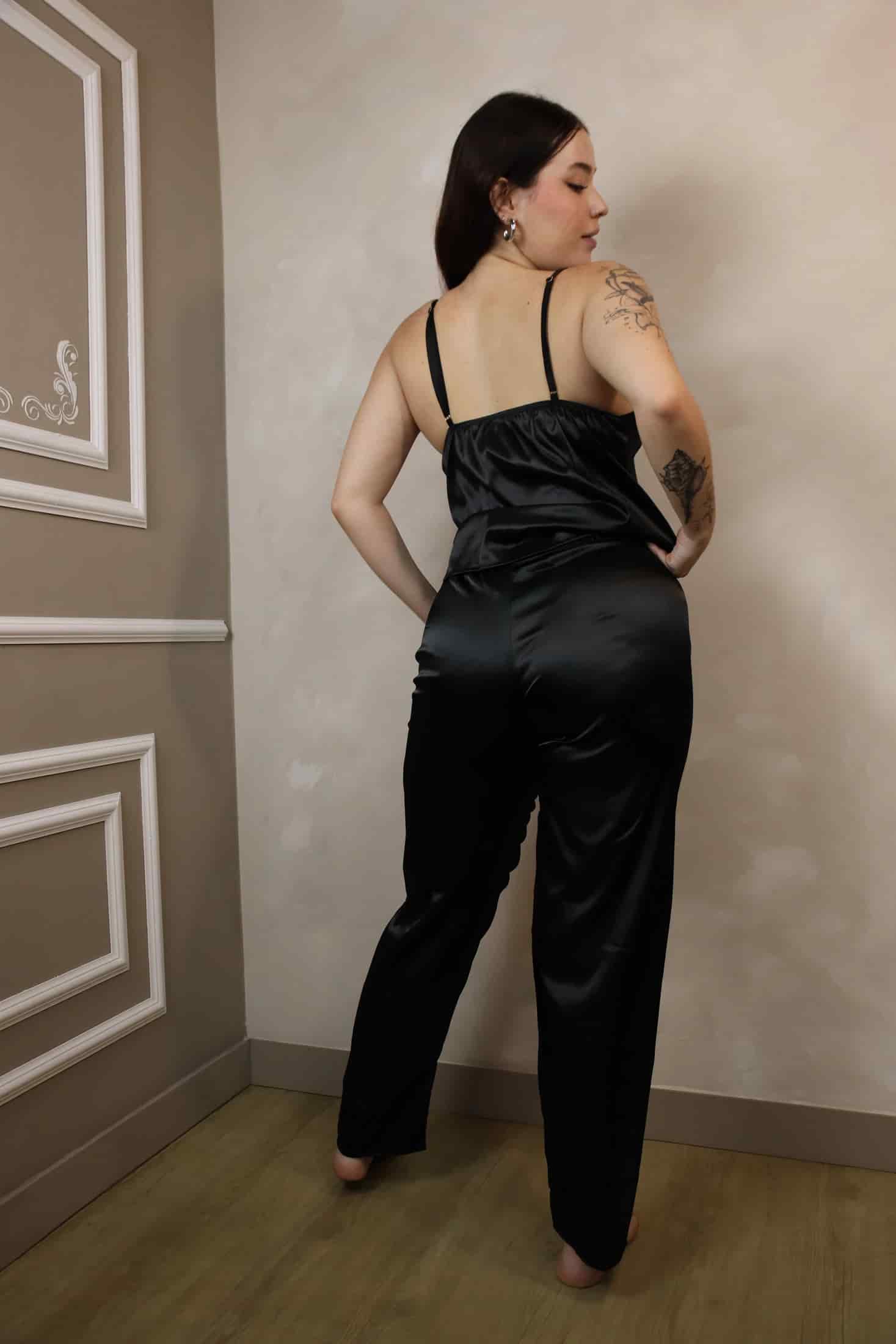 Pijama Pantalón Satín Negra - miniatura 2