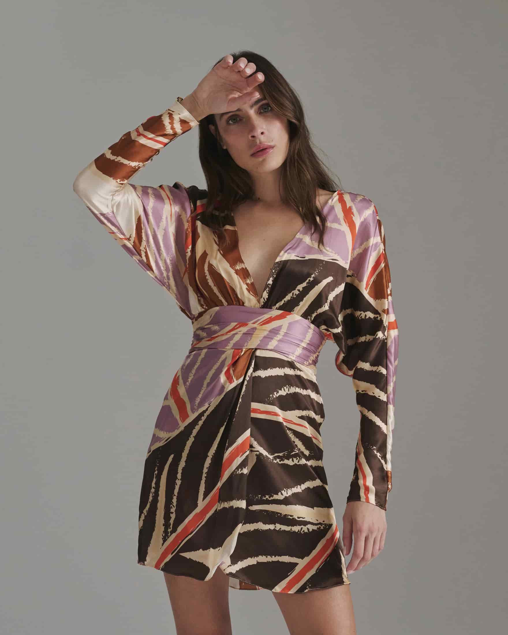Grecia Satin Silk Mini Dress / Lilac Platanera Leaves - miniatura 1